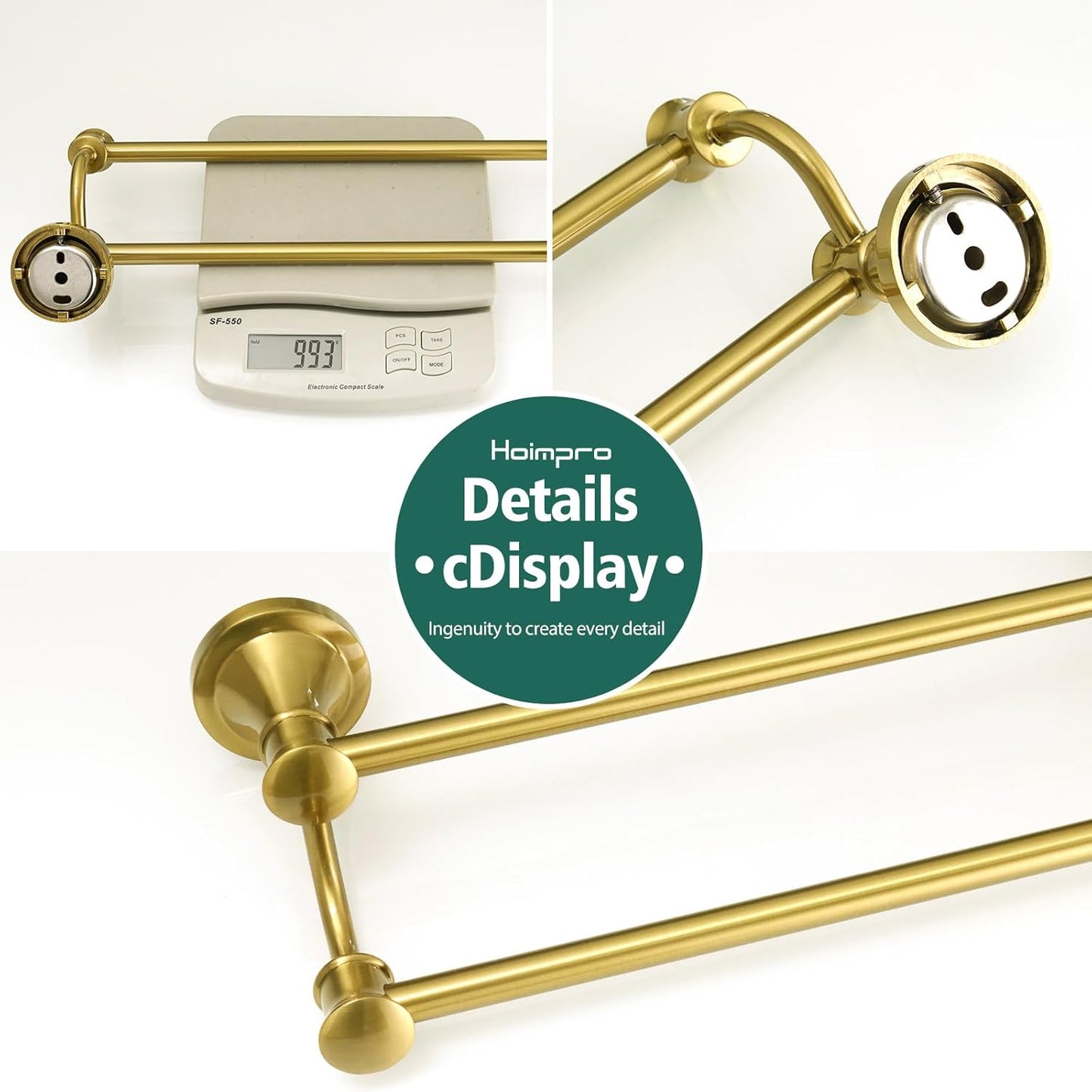 Adjustable Retractable Stainless Steel Bathroom Towel Bar - Wall Mounted Double Towel Rod Holder Rack, Brushed Gold Finish, 15-27 Inches