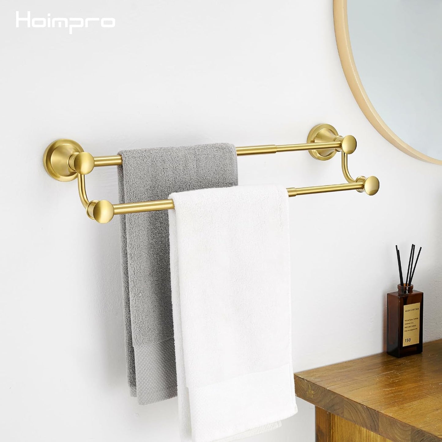 Adjustable Retractable Stainless Steel Bathroom Towel Bar - Wall Mounted Double Towel Rod Holder Rack, Brushed Gold Finish, 15-27 Inches