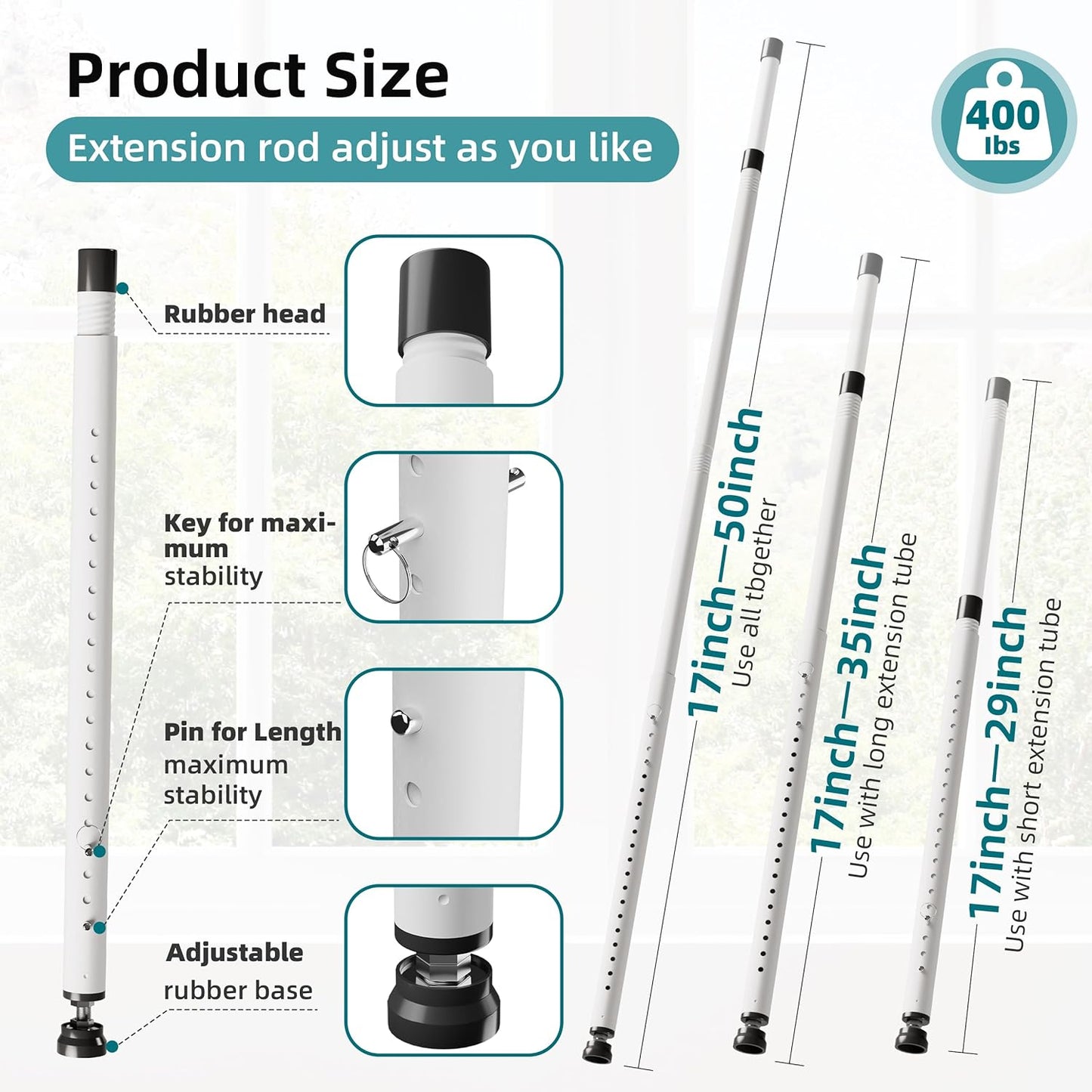 Adjustable Sliding Door Security Bar with Rubber Tips - White (17-50 inch)