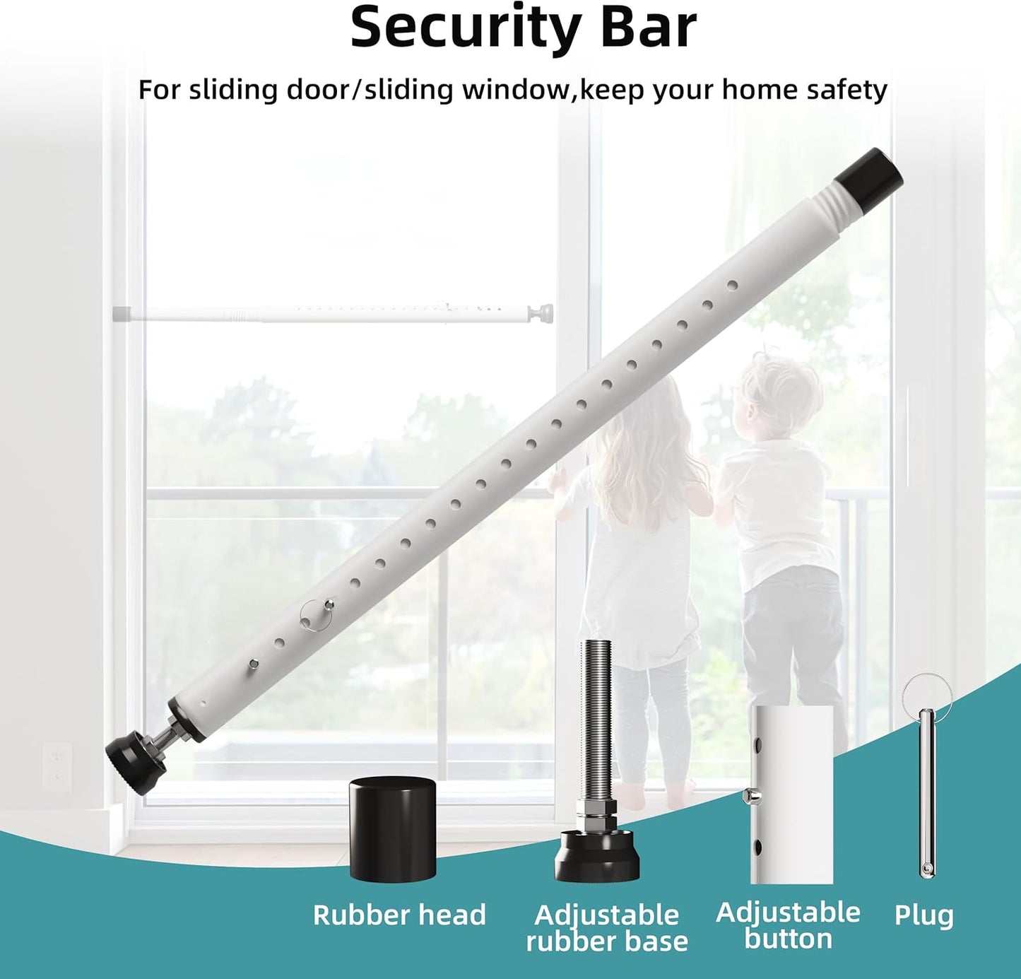 Adjustable Sliding Door Security Bar with Rubber Tips - White (17-50 inch)