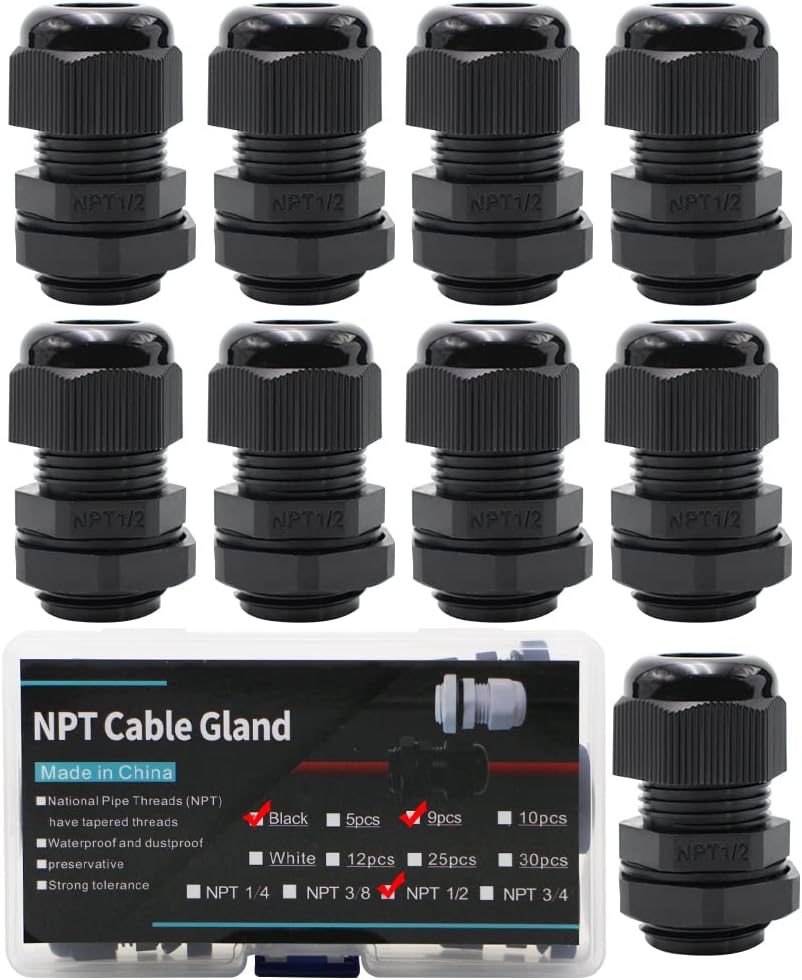 AIRTAK Cable Glands 1/2 NPT Inch Nylon PA66, Waterproof IP68 Locknut for 6-12mm Cable Diameter, 9pcs Black in Plastic Box - Ideal for Junction Box