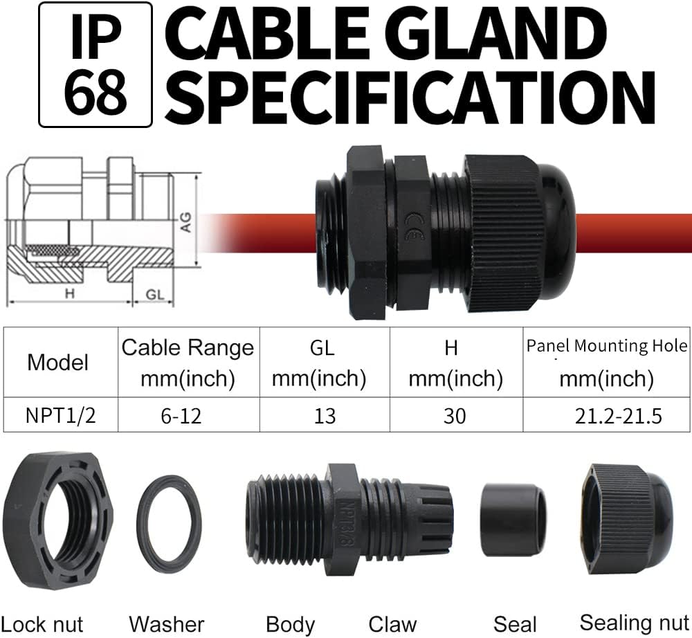 AIRTAK Cable Glands 1/2 NPT Inch Nylon PA66, Waterproof IP68 Locknut for 6-12mm Cable Diameter, 9pcs Black in Plastic Box - Ideal for Junction Box