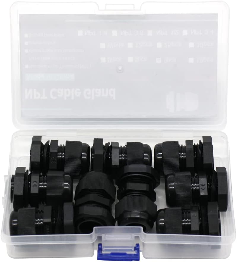 AIRTAK Cable Glands 1/2 NPT Inch Nylon PA66, Waterproof IP68 Locknut for 6-12mm Cable Diameter, 9pcs Black in Plastic Box - Ideal for Junction Box