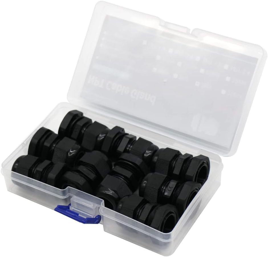 AIRTAK Cable Glands 1/2 NPT Inch Nylon PA66, Waterproof IP68 Locknut for 6-12mm Cable Diameter, 9pcs Black in Plastic Box - Ideal for Junction Box