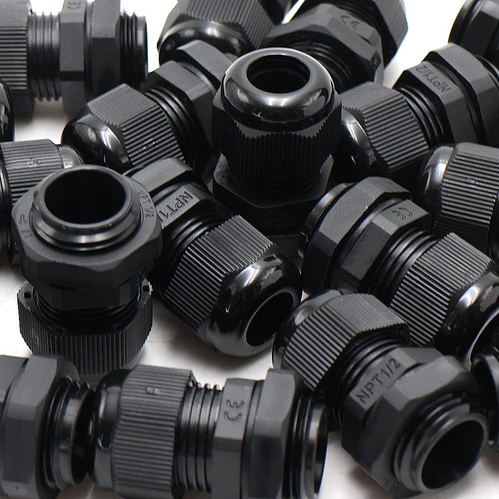 AIRTAK Cable Glands 1/2 NPT Inch Nylon PA66, Waterproof IP68 Locknut for 6-12mm Cable Diameter, 9pcs Black in Plastic Box - Ideal for Junction Box