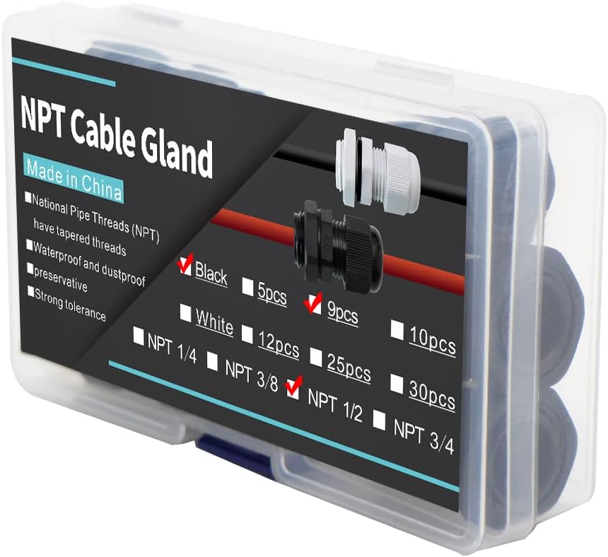 AIRTAK Cable Glands 1/2 NPT Inch Nylon PA66, Waterproof IP68 Locknut for 6-12mm Cable Diameter, 9pcs Black in Plastic Box - Ideal for Junction Box