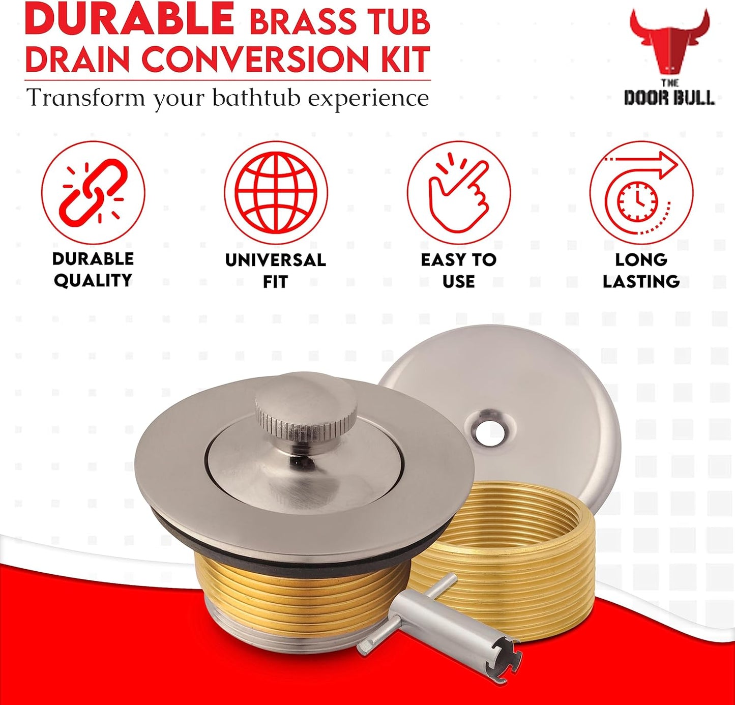 All-Brass Lift and Turn Tub Drain Assembly Kit with Removal Tool - Brushed Nickel