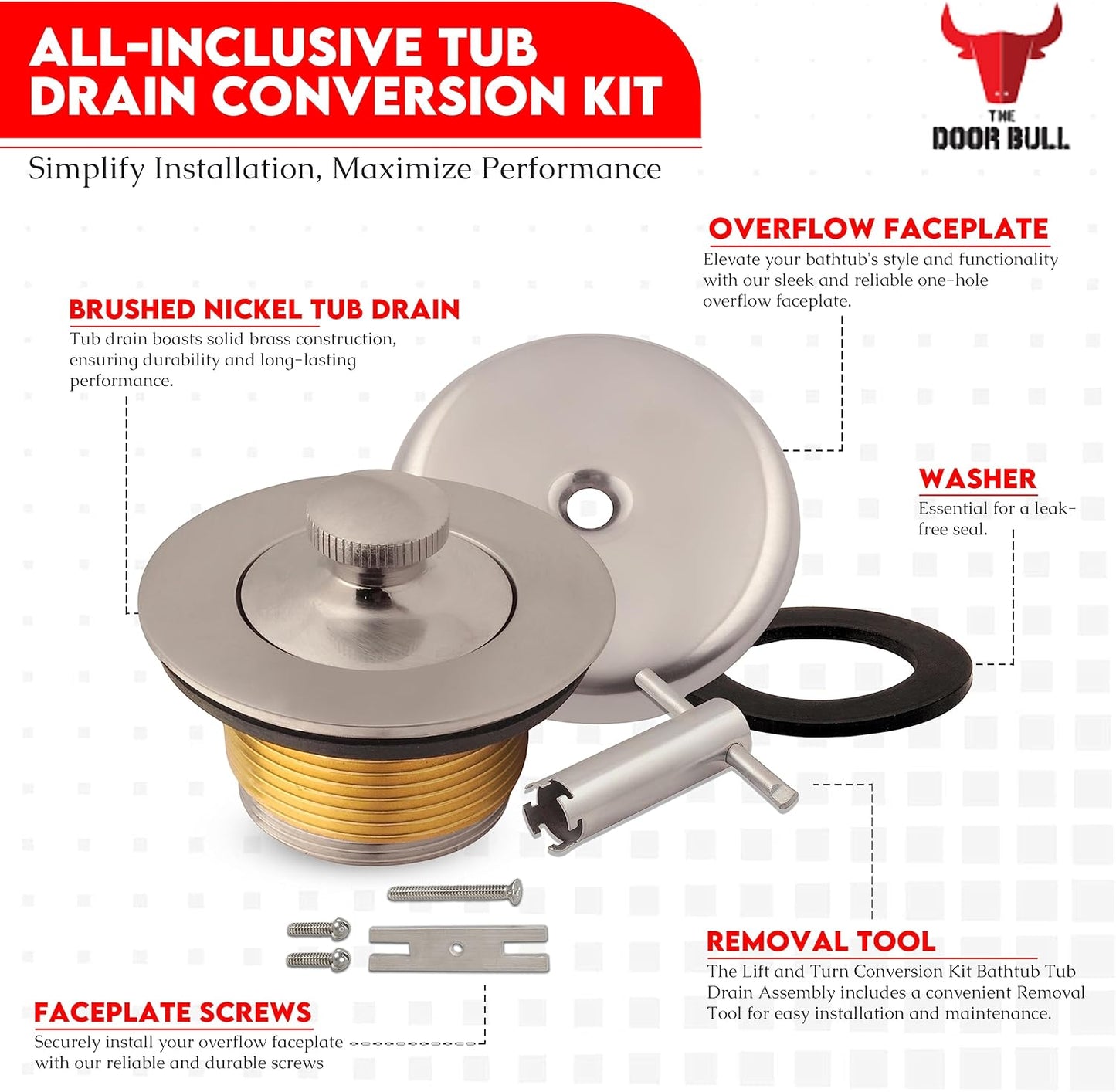 All-Brass Lift and Turn Tub Drain Assembly Kit with Removal Tool - Brushed Nickel