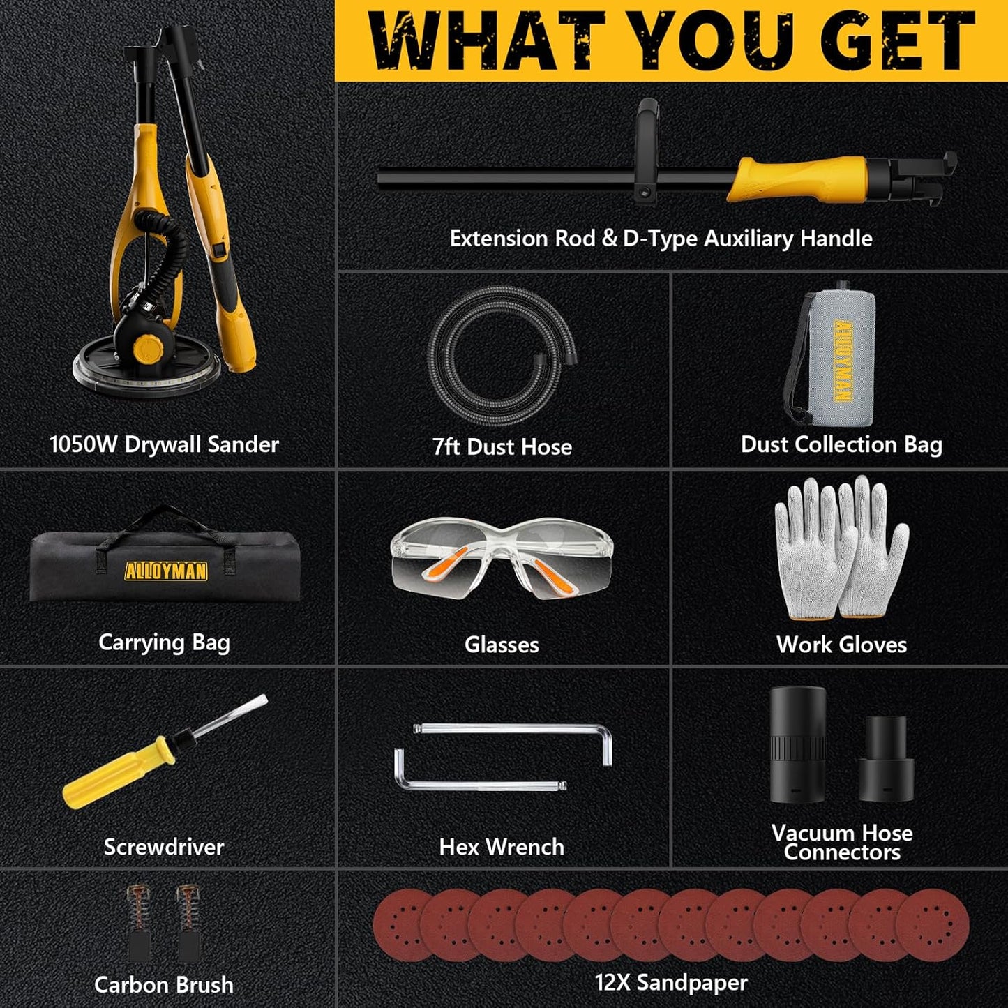 Alloyman 1050W Electric Drywall Sander with Vacuum Dust Collection - 7 Speeds, LED Light, Dust Bag & Hose