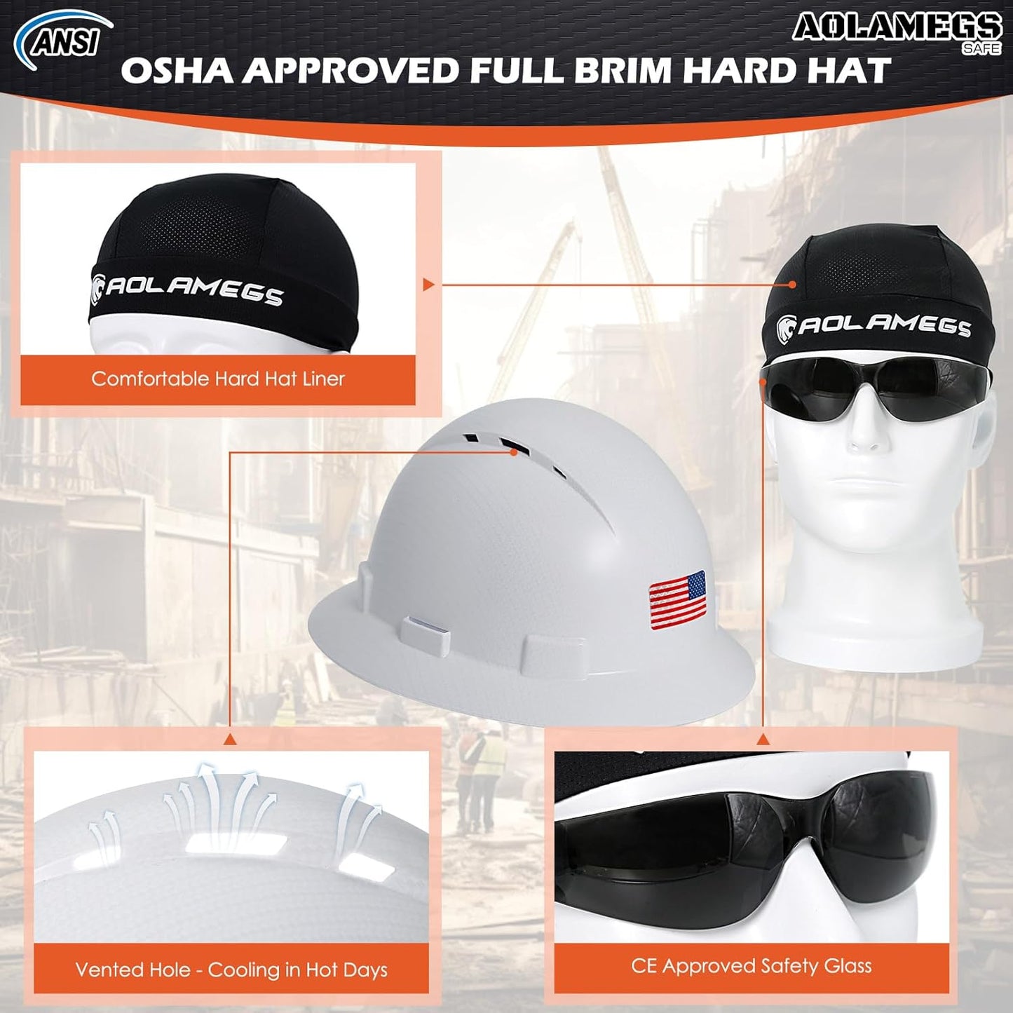 Aolamegs Carbon Fiber Full Brim Hard Hat with Safety Glasses, Liner, Chin Strap, and Sun Visor - OSHA Approved Construction Helmet for Men and Women