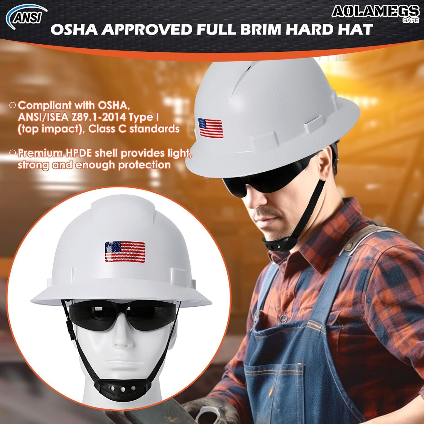 Aolamegs Carbon Fiber Full Brim Hard Hat with Safety Glasses, Liner, Chin Strap, and Sun Visor - OSHA Approved Construction Helmet for Men and Women