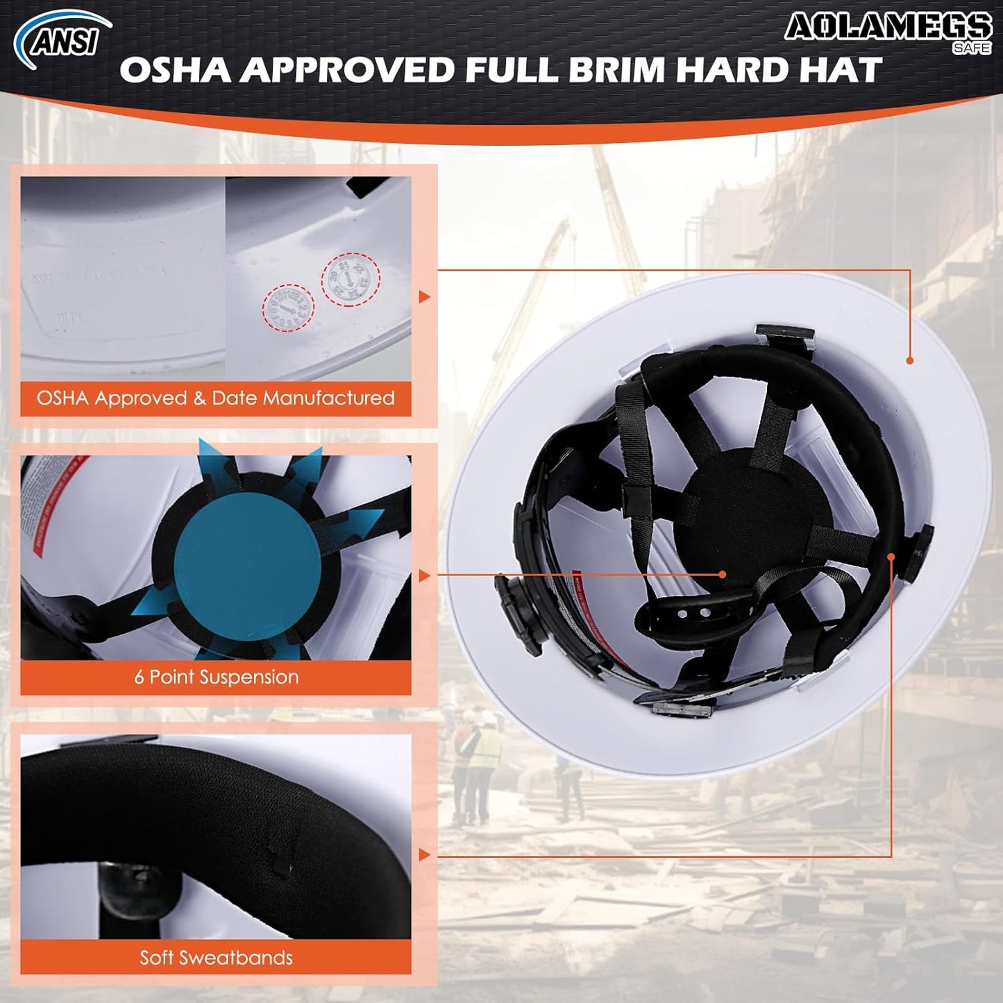 Aolamegs Carbon Fiber Full Brim Hard Hat with Safety Glasses, Liner, Chin Strap, and Sun Visor - OSHA Approved Construction Helmet for Men and Women