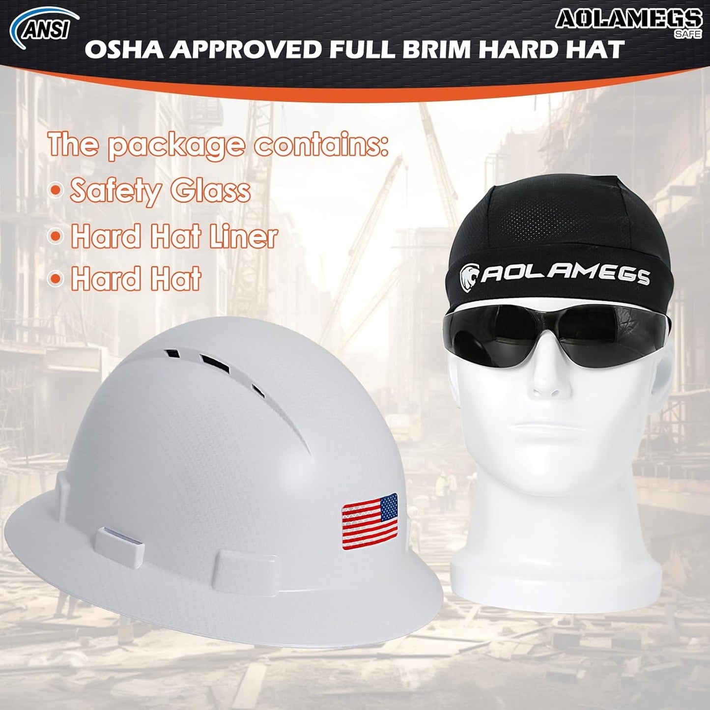 Aolamegs Carbon Fiber Full Brim Hard Hat with Safety Glasses, Liner, Chin Strap, and Sun Visor - OSHA Approved Construction Helmet for Men and Women