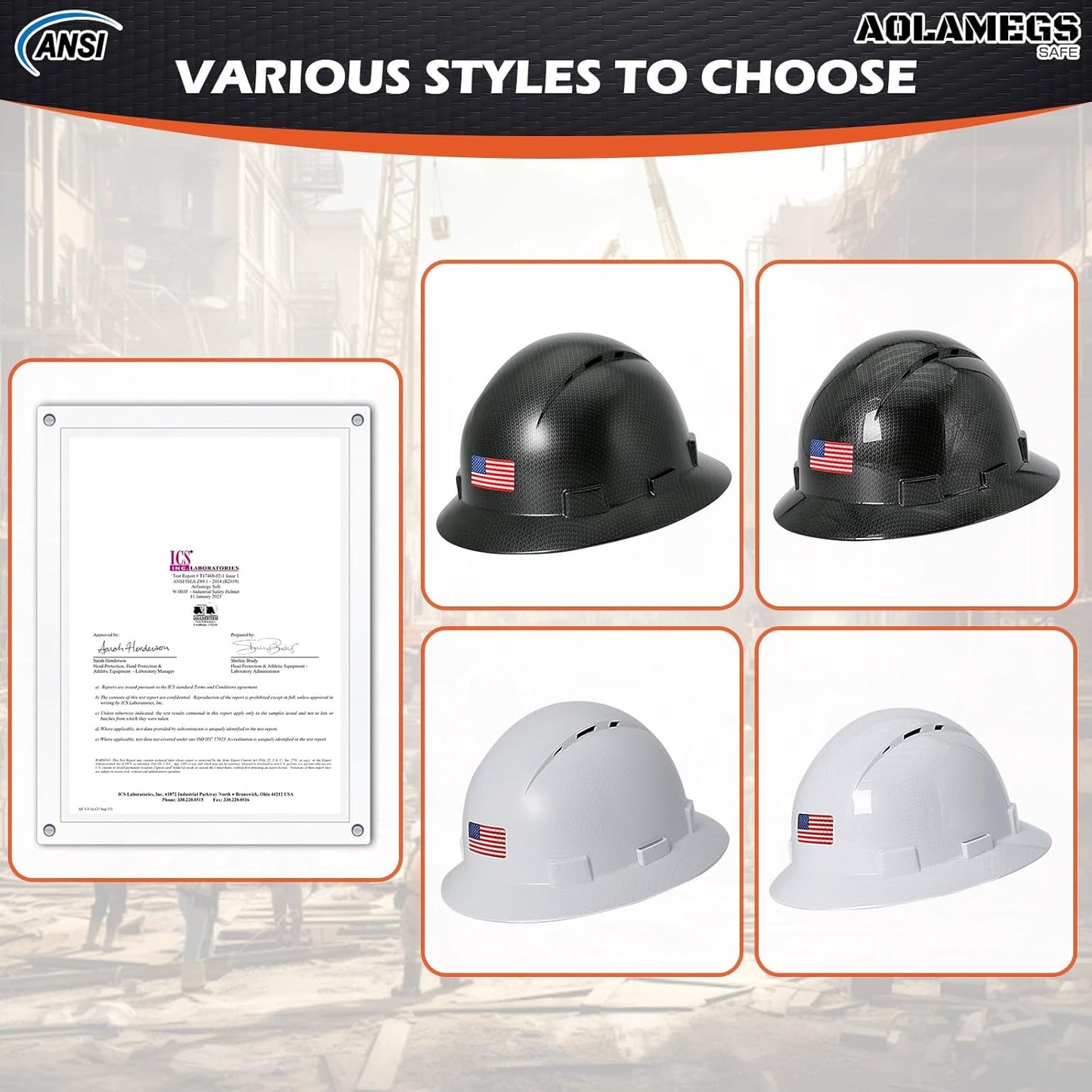 Aolamegs Carbon Fiber Full Brim Hard Hat with Safety Glasses, Liner, Chin Strap, and Sun Visor - OSHA Approved Construction Helmet for Men and Women