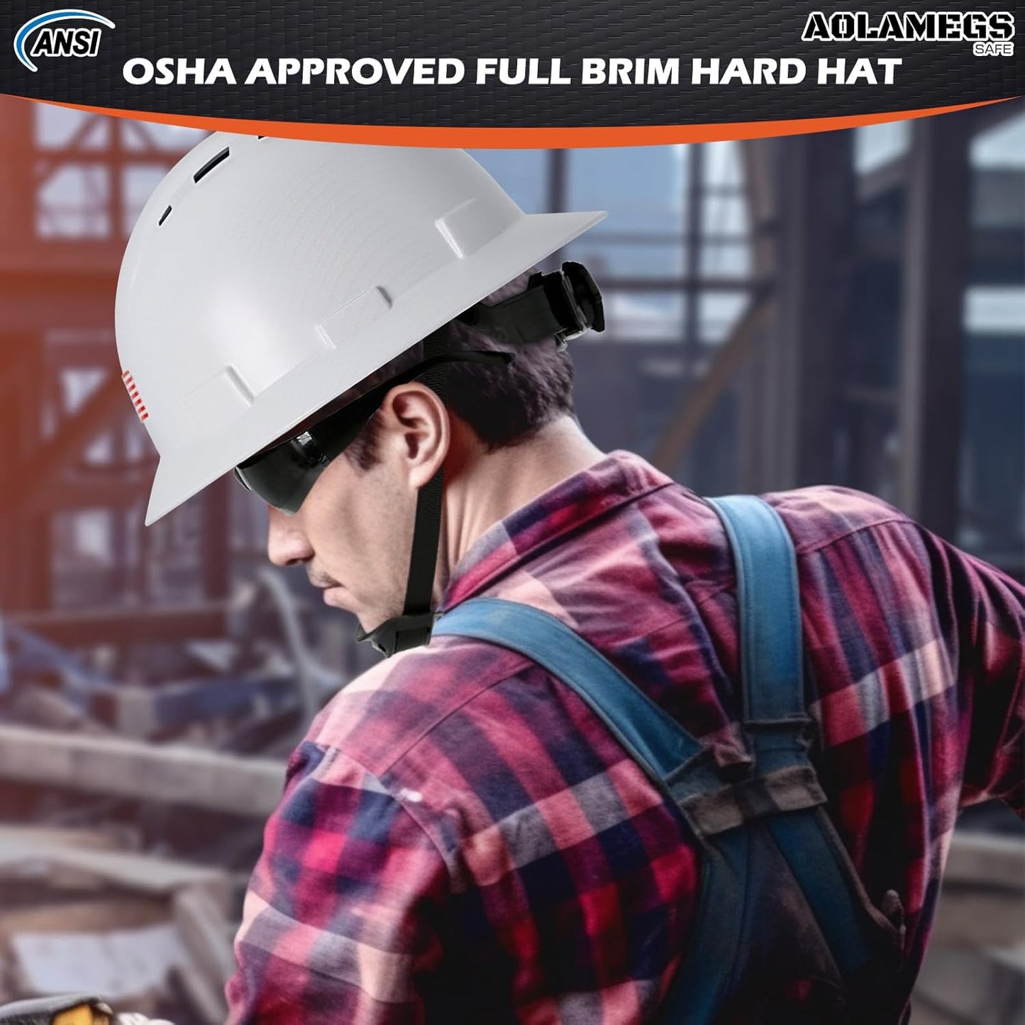 Aolamegs Carbon Fiber Full Brim Hard Hat with Safety Glasses, Liner, Chin Strap, and Sun Visor - OSHA Approved Construction Helmet for Men and Women