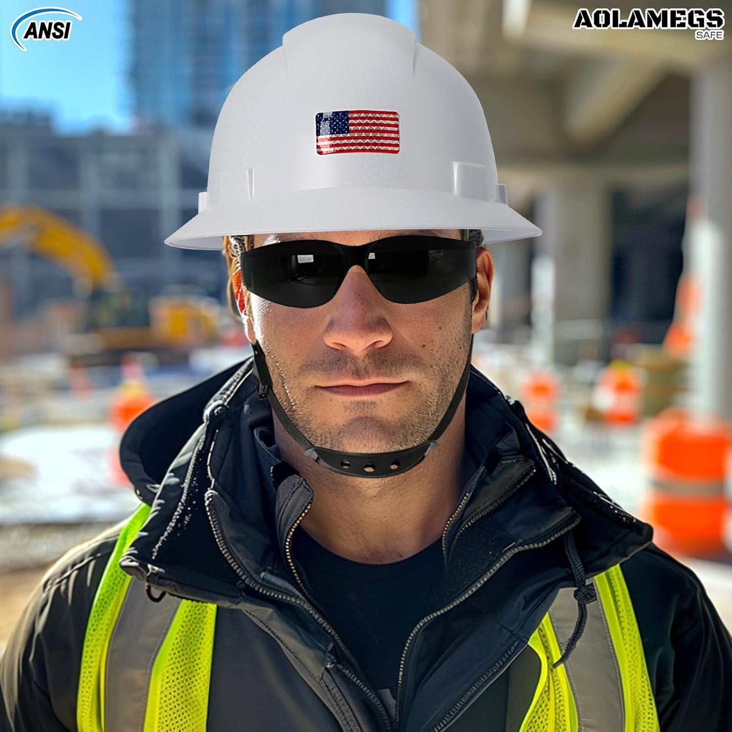 Aolamegs Carbon Fiber Full Brim Hard Hat with Safety Glasses, Liner, Chin Strap, and Sun Visor - OSHA Approved Construction Helmet for Men and Women