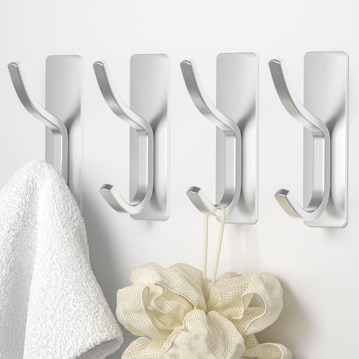 Arc Shaped Self Adhesive Wall Hooks - Ideal for Hanging Coats, Hats, Towels, and Robes in Bathroom, Bedroom, Living Room - Silver, 4 Pack