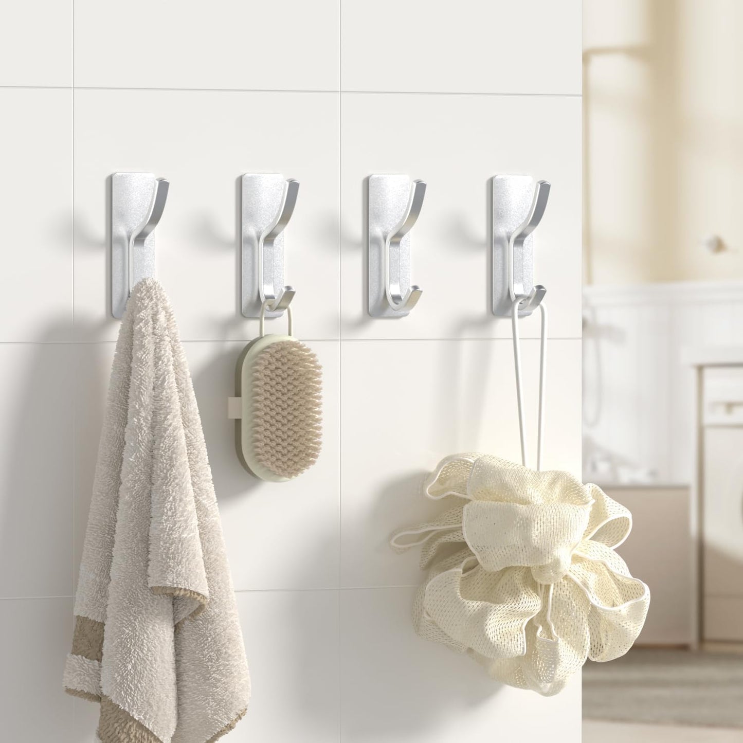 Arc Shaped Self Adhesive Wall Hooks - Ideal for Hanging Coats, Hats, Towels, and Robes in Bathroom, Bedroom, Living Room - Silver, 4 Pack