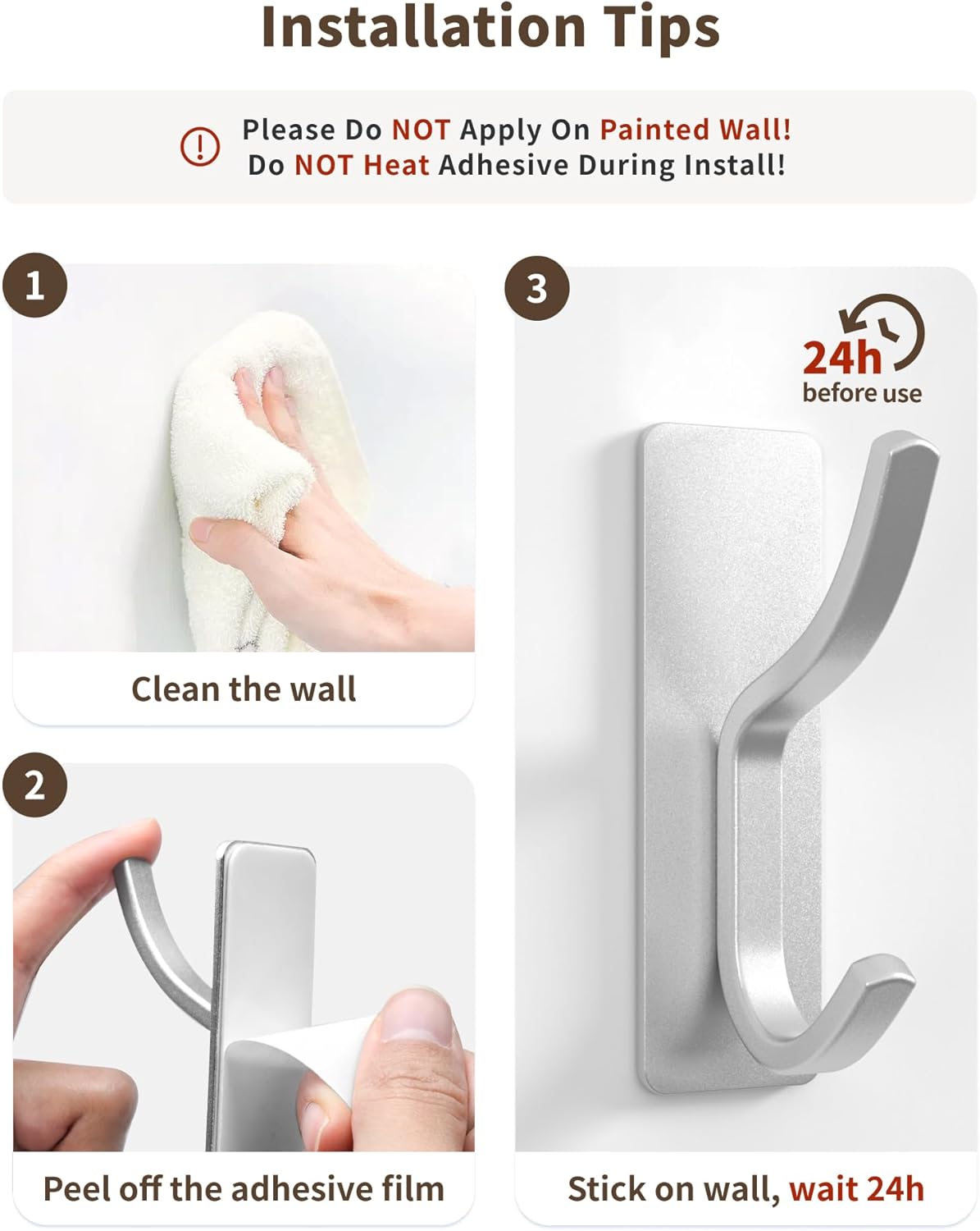 Arc Shaped Self Adhesive Wall Hooks - Ideal for Hanging Coats, Hats, Towels, and Robes in Bathroom, Bedroom, Living Room - Silver, 4 Pack