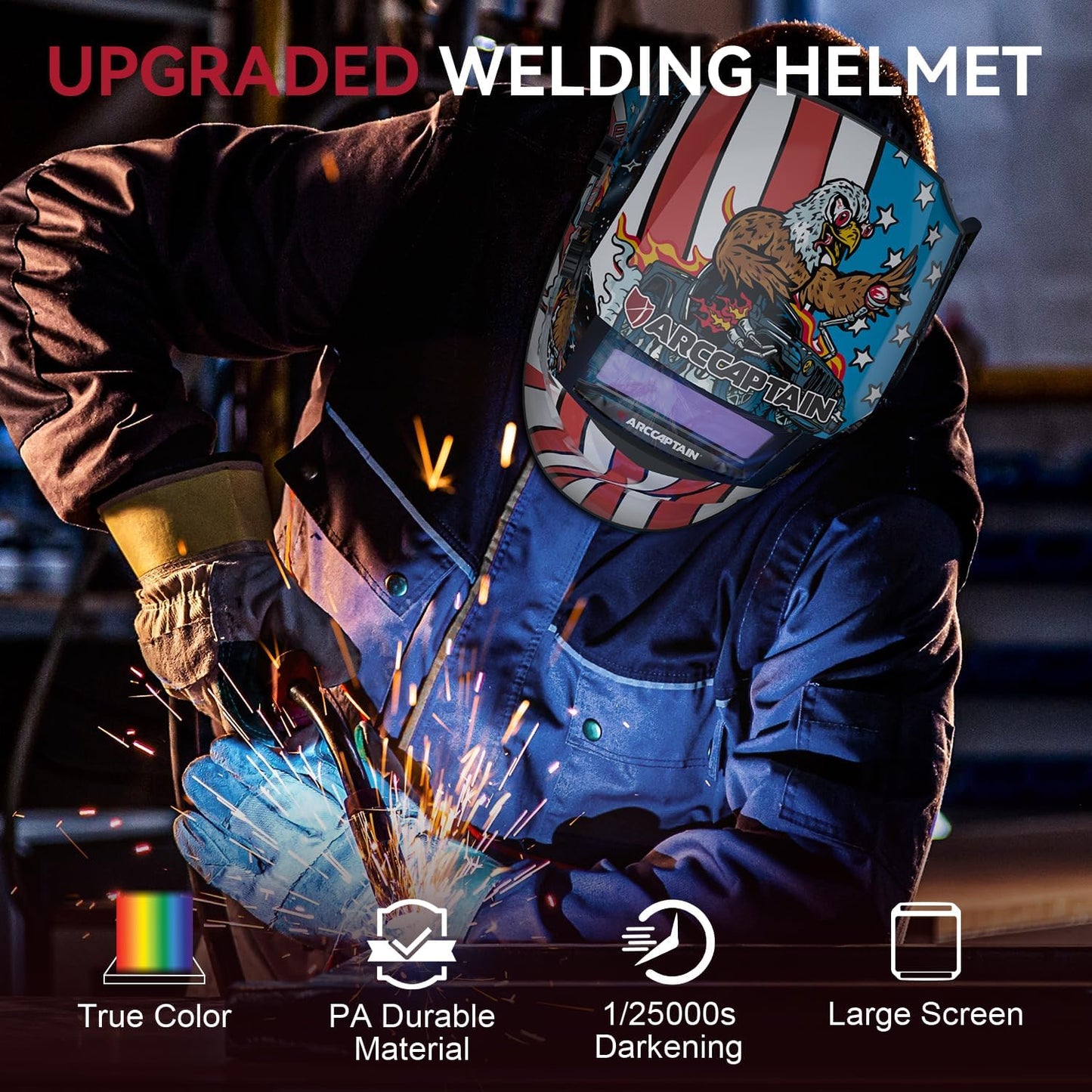 ARCCAPTAIN HSH-S800 Welding Helmet with Large Viewing Screen, Top Optical Clarity, Auto Darkening, 4 Arc Sensor, True Color, Fly Eagle Design