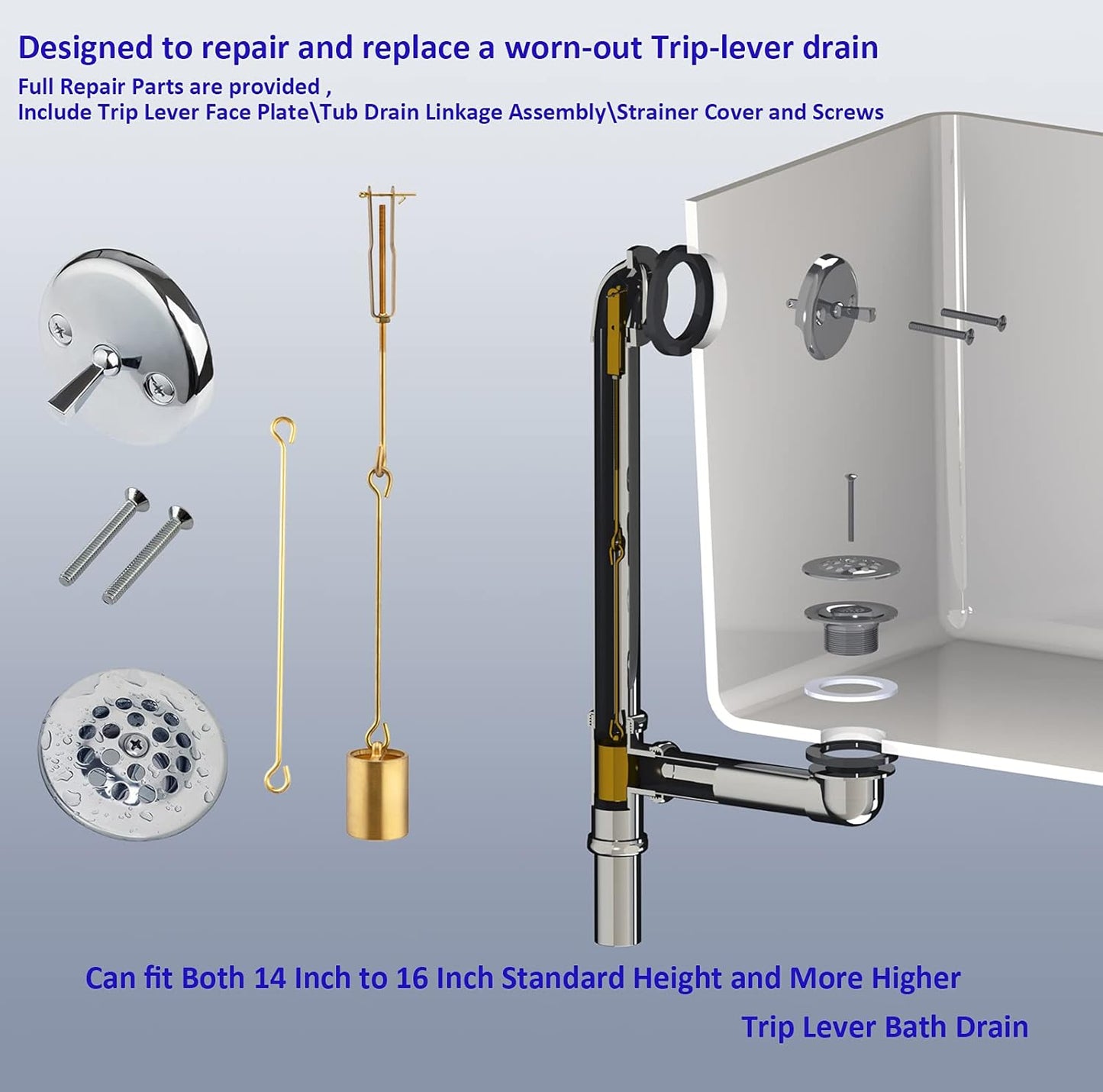 Artiwell Tub Drain Linkage Assembly with Trip Lever, Strainer Cove - Compatible with Bathtub Waste and Overflow Drain