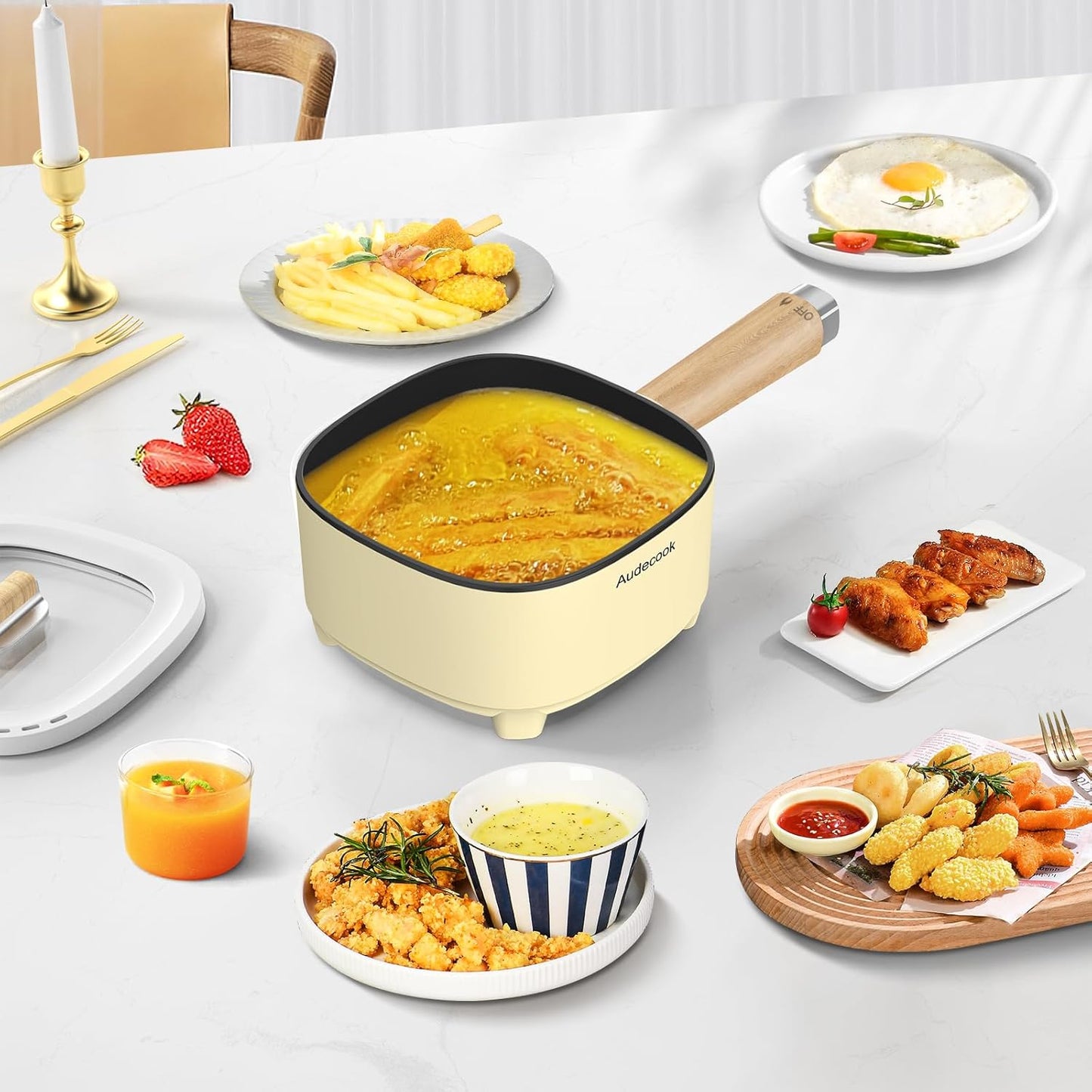 Audecook Portable Electric Hot Pot with Dual Power Control and Ceramic Glaze Non-Stick Frying Pan - 2L Capacity - Ideal for Ramen, Steak, Fried Rice, Oatmeal, and Soup - Includes Silicone Spatula