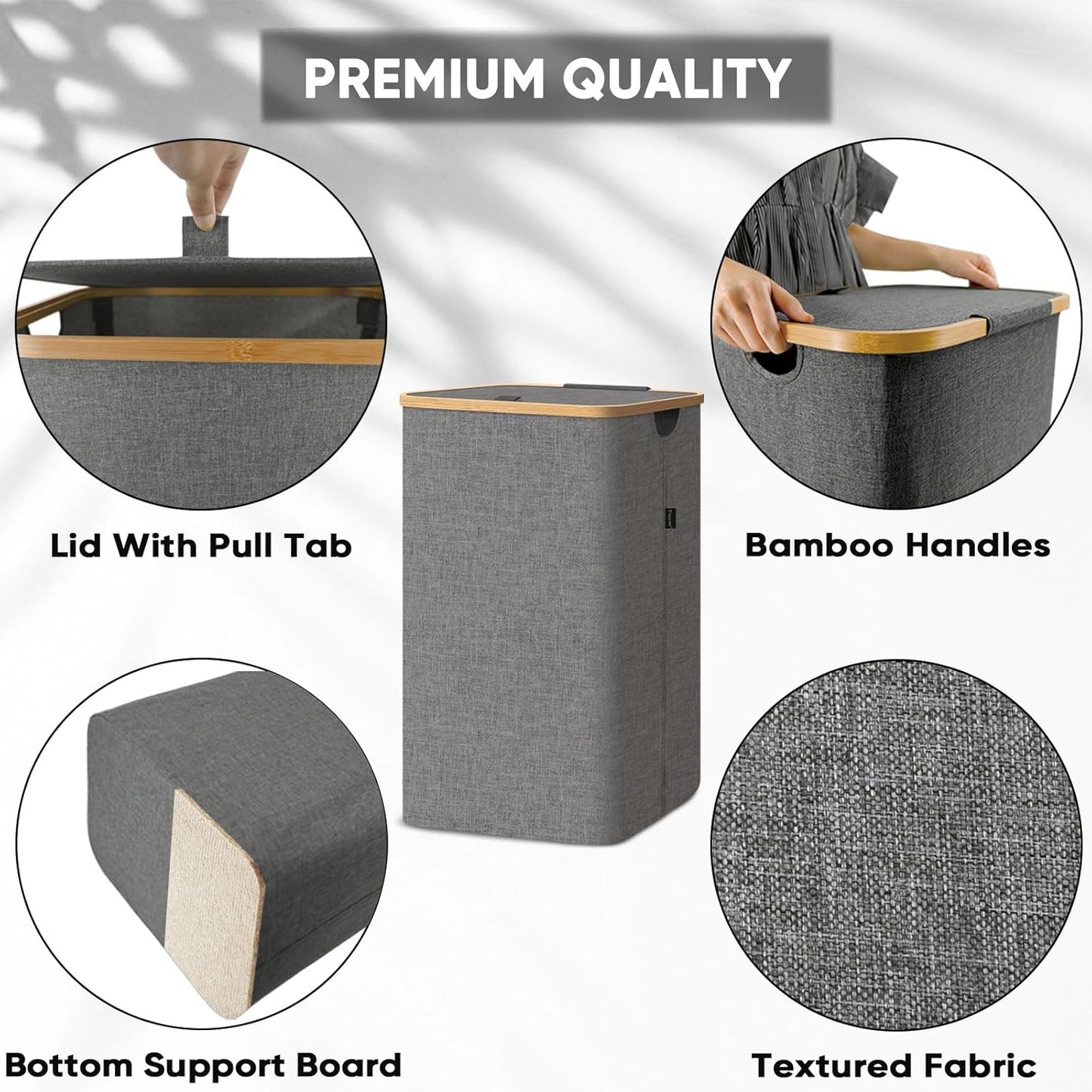 BALEINE Tall Laundry Hamper with Bamboo Handles and Lid, Large 26 Gal/100L Grey Laundry Bin