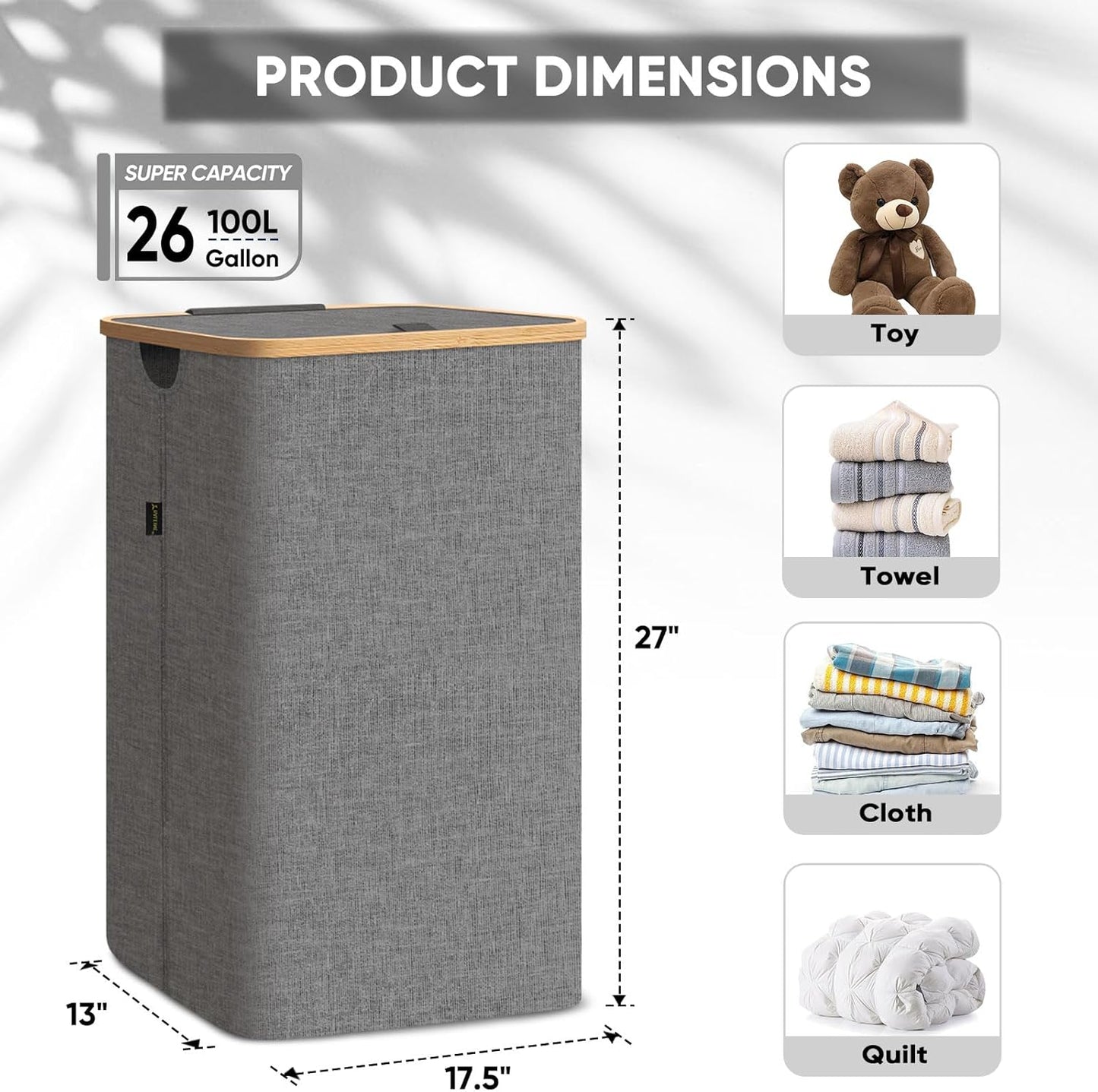 BALEINE Tall Laundry Hamper with Bamboo Handles and Lid, Large 26 Gal/100L Grey Laundry Bin