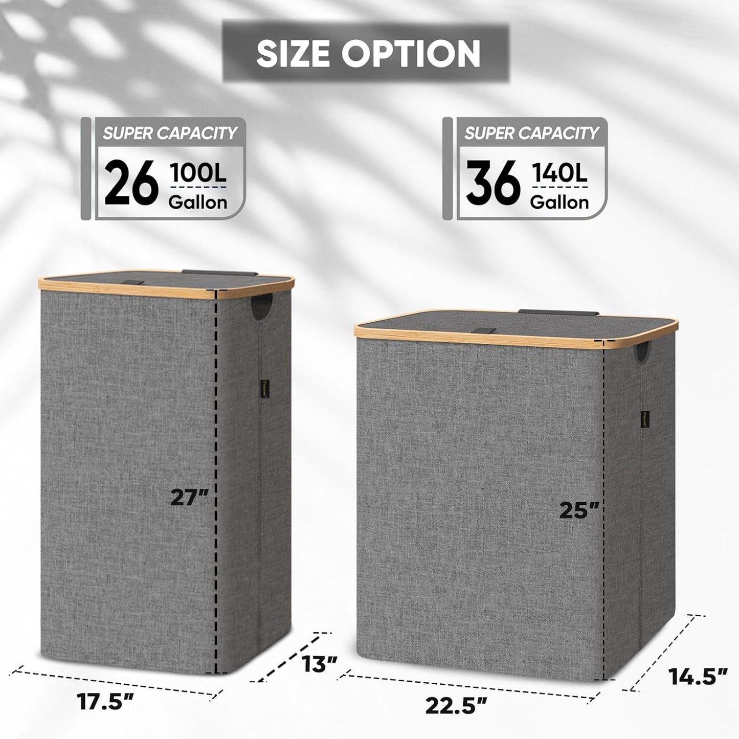 BALEINE Tall Laundry Hamper with Bamboo Handles and Lid, Large 26 Gal/100L Grey Laundry Bin