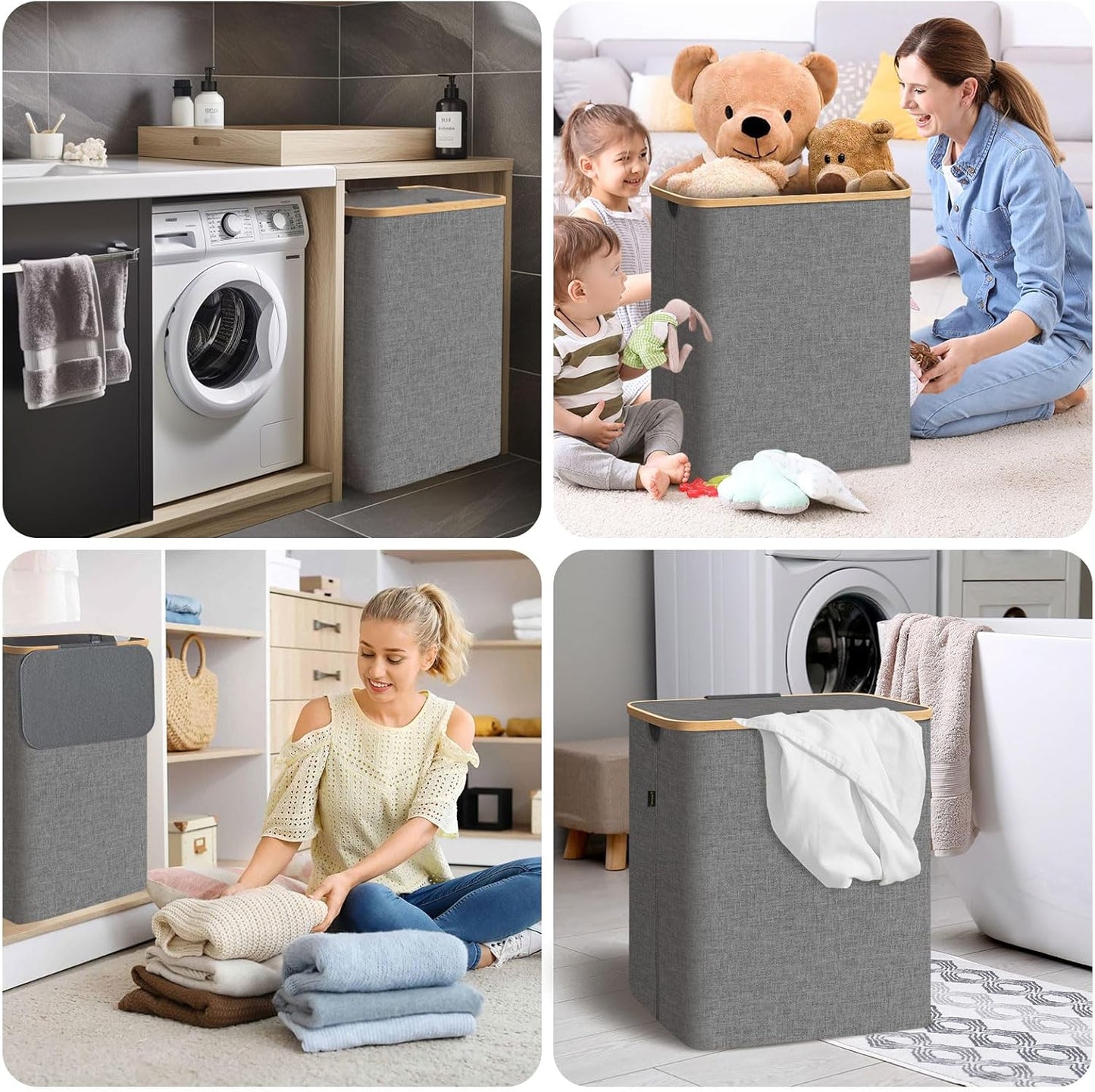 BALEINE Tall Laundry Hamper with Bamboo Handles and Lid, Large 26 Gal/100L Grey Laundry Bin