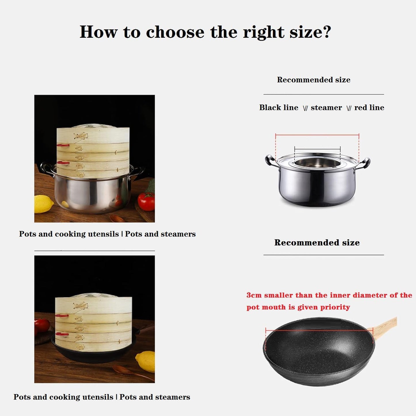 Bamboo Dim Sum Steamer Set for Cooking Pot with Steel Grid, 22cm