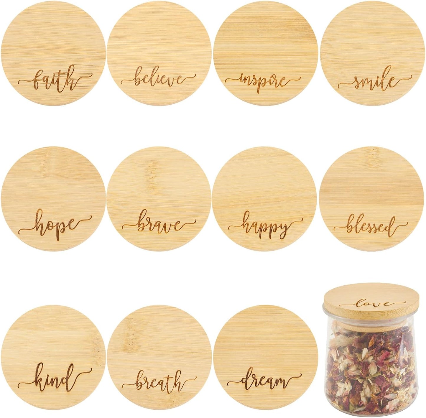 Bamboo Yogurt Lid Set for Oui Jars - 12 Inspirational Pieces with Silicone Sealing - Brave, Happy, Kind Plant Words