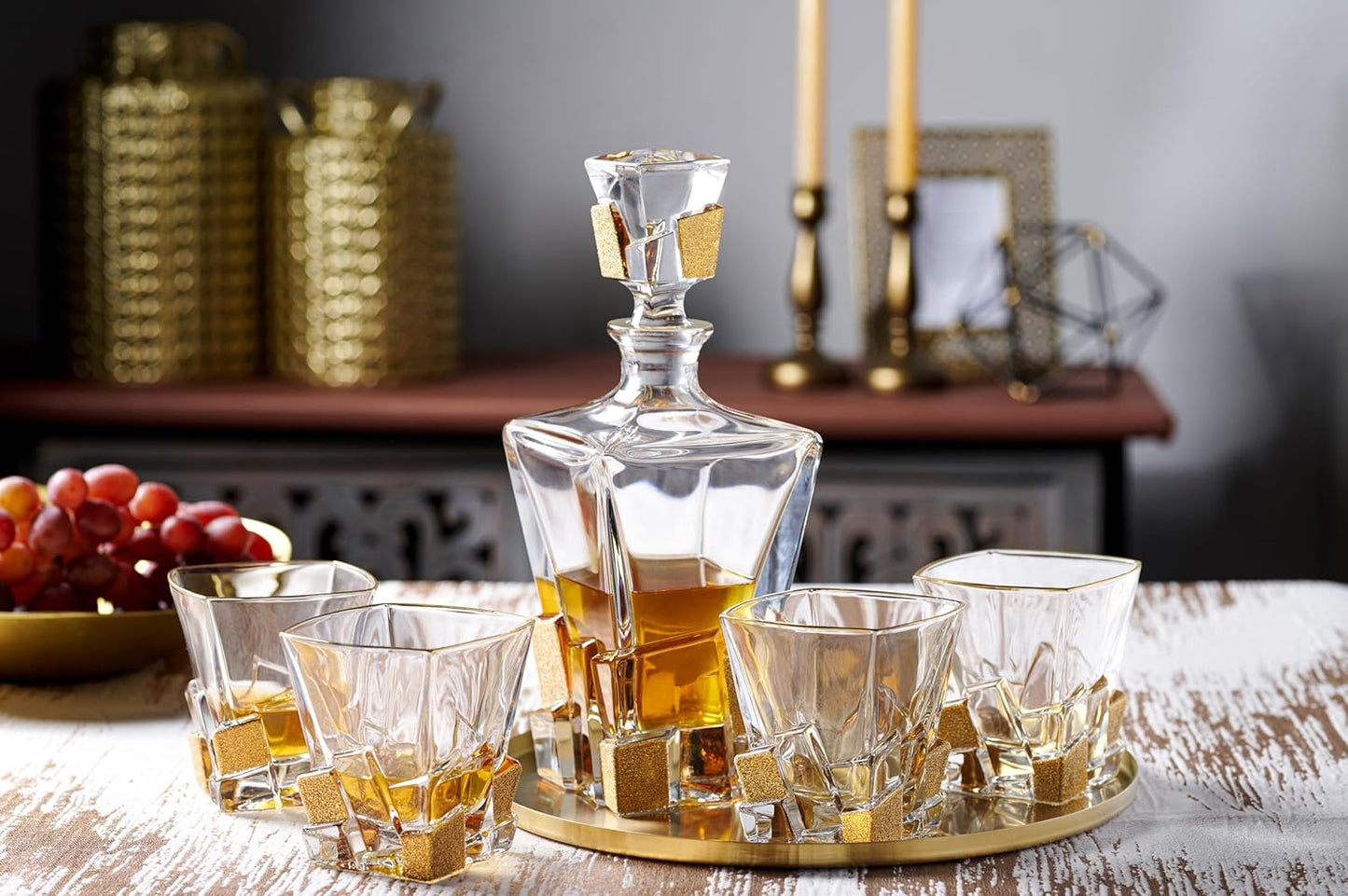 Barski European Quality Crystal Whiskey Liquor Decanter Square Shaped with Matte Gold Ice Cube Design 28 oz Height 11.25" Made in Europe