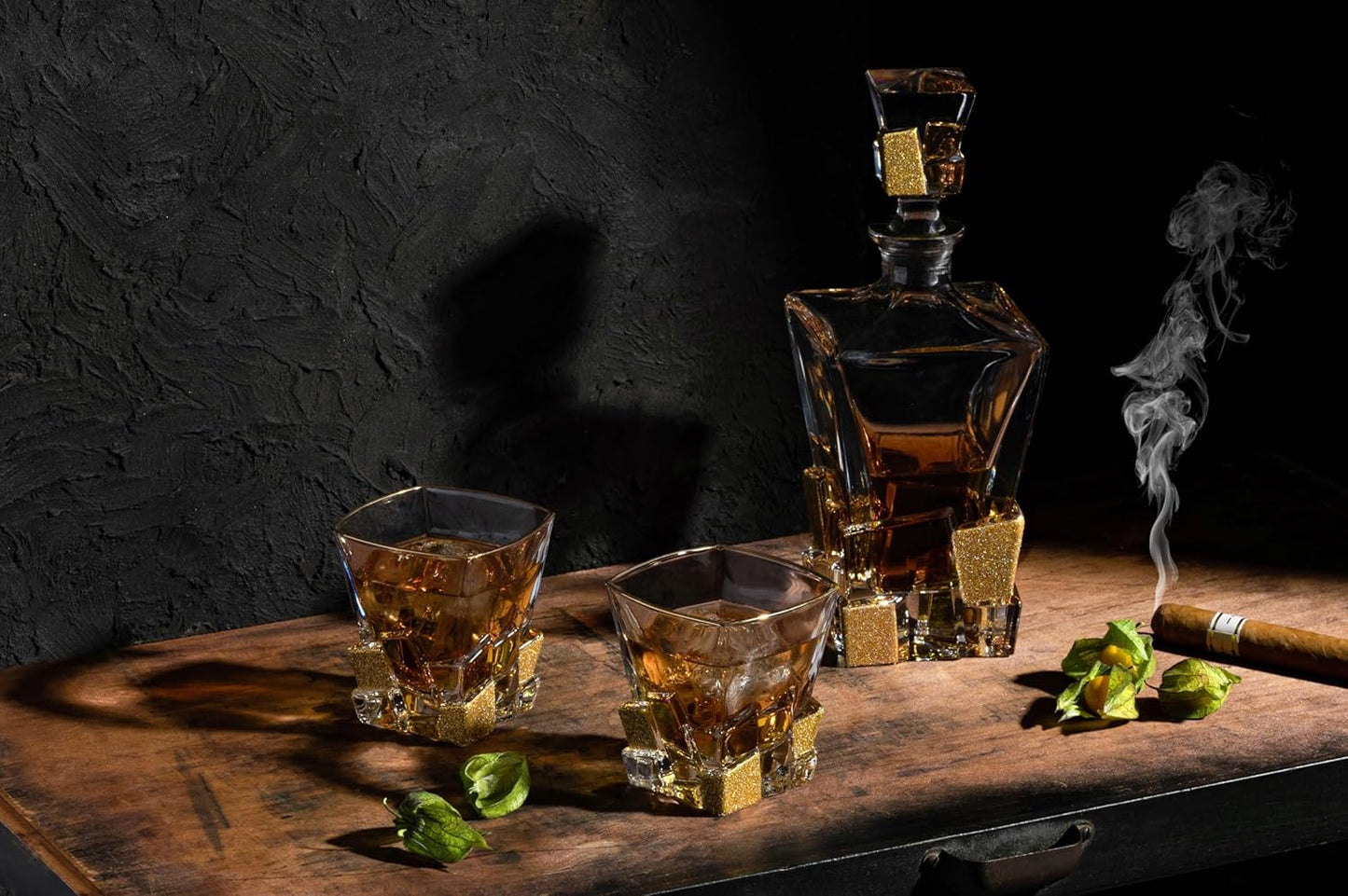 Barski European Quality Crystal Whiskey Liquor Decanter Square Shaped with Matte Gold Ice Cube Design 28 oz Height 11.25" Made in Europe