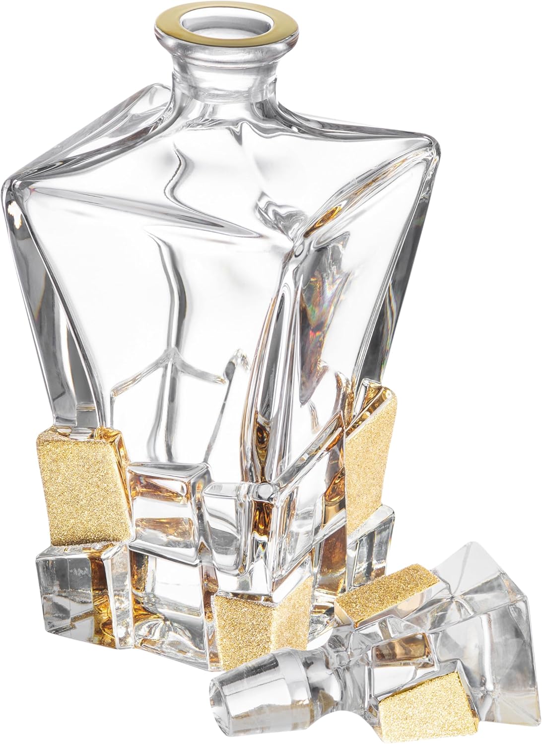 Barski European Quality Crystal Whiskey Liquor Decanter Square Shaped with Matte Gold Ice Cube Design 28 oz Height 11.25" Made in Europe