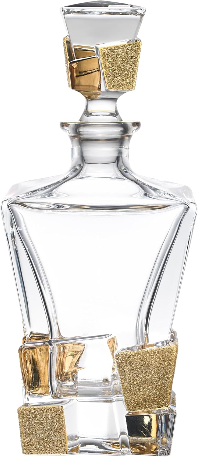 Barski European Quality Crystal Whiskey Liquor Decanter Square Shaped with Matte Gold Ice Cube Design 28 oz Height 11.25" Made in Europe