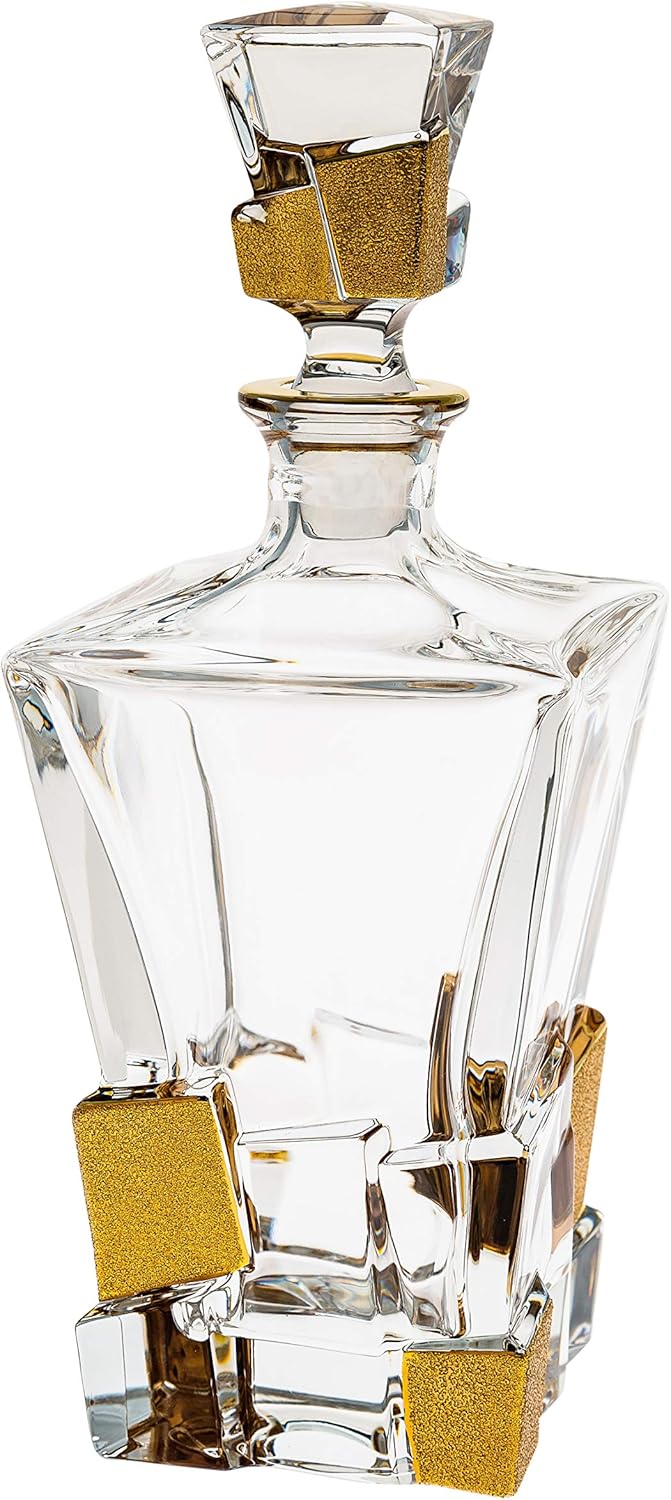 Barski European Quality Crystal Whiskey Liquor Decanter Square Shaped with Matte Gold Ice Cube Design 28 oz Height 11.25" Made in Europe