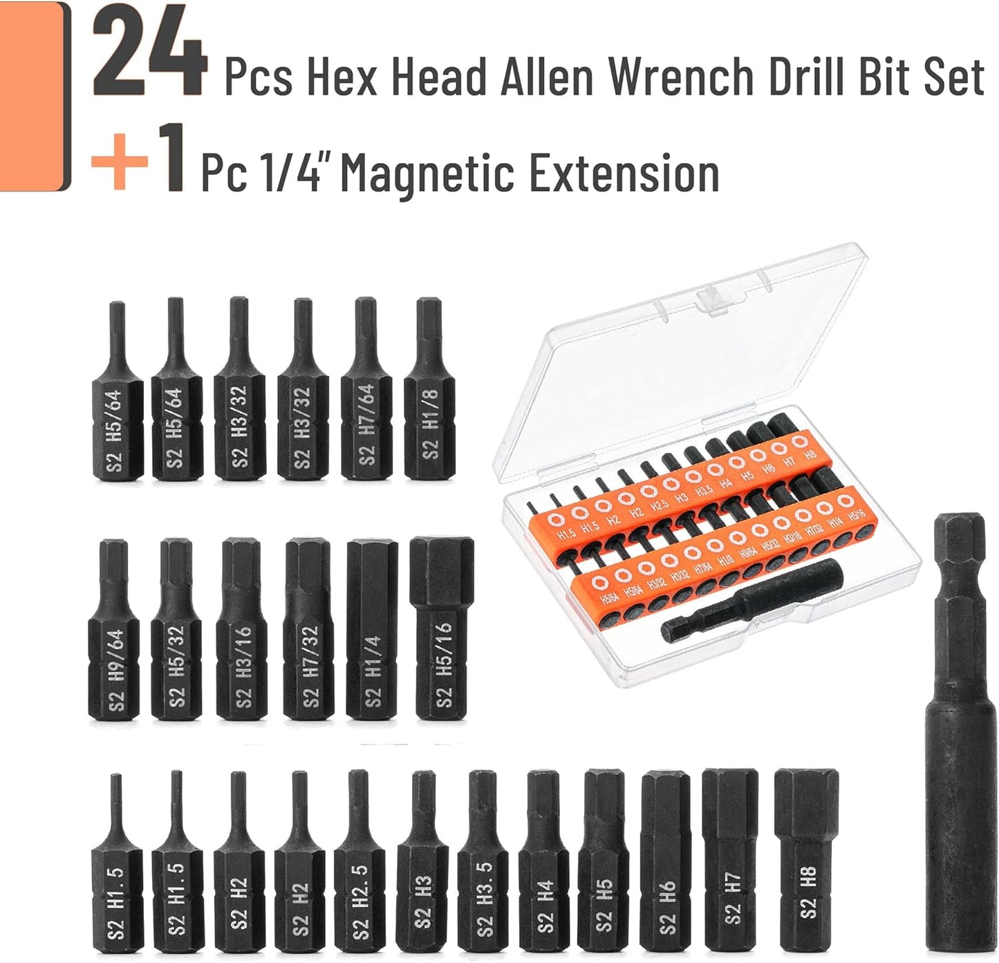 Bates Choice 25-Piece Hex Head Allen Wrench Drill Bit Set with S2 Steel - Magnetic Hex Bits, 1/4" Hex Shank Drill Bit Set