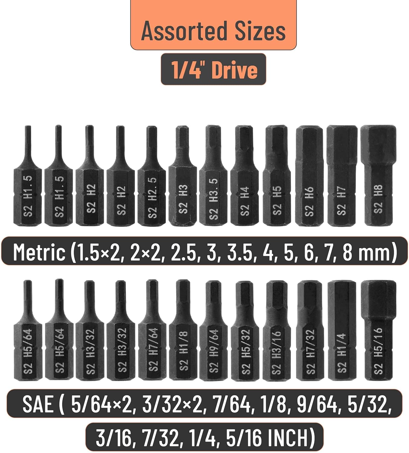 Bates Choice 25-Piece Hex Head Allen Wrench Drill Bit Set with S2 Steel - Magnetic Hex Bits, 1/4" Hex Shank Drill Bit Set