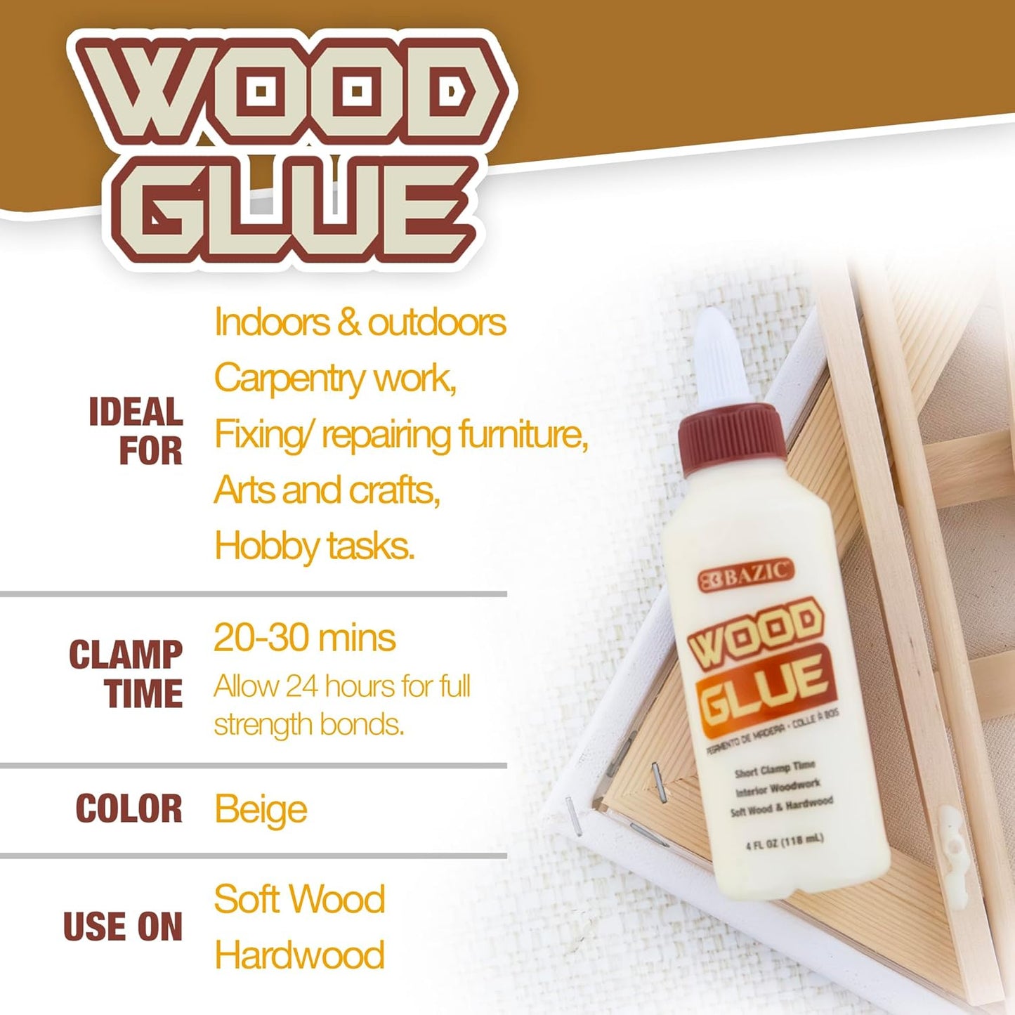 BAZIC Wood Glue 4 Oz. - Natural Color Super Strong Bond Adhesive for Home Improvement Woodwork - Softwood & Hardwood - 1-Pack