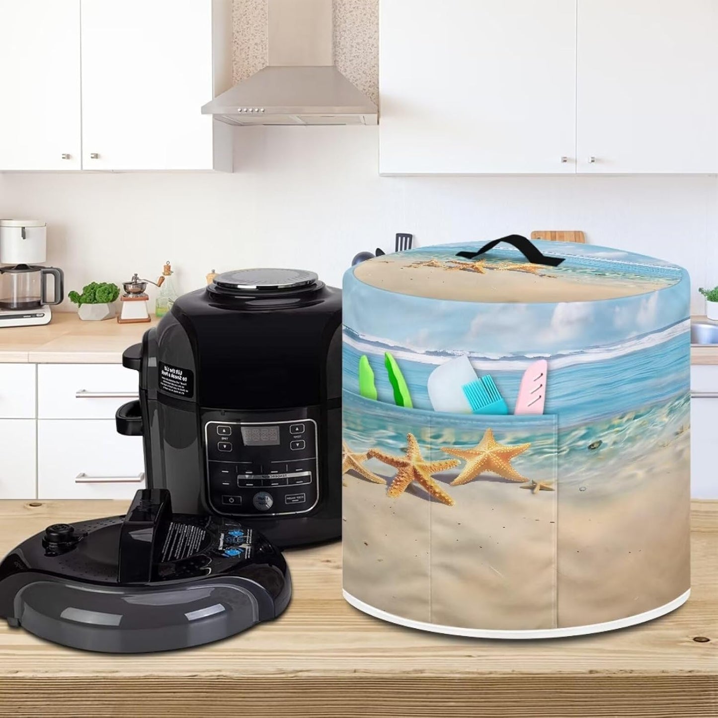 Beach Starfish Print Appliance Cover for Pressure Cooker, Rice Cooker, and Air Fryer - Washable Dust Cover with Pocket for Portable Protection