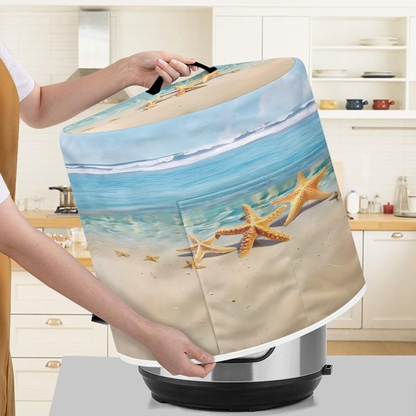 Beach Starfish Print Appliance Cover for Pressure Cooker, Rice Cooker, and Air Fryer - Washable Dust Cover with Pocket for Portable Protection