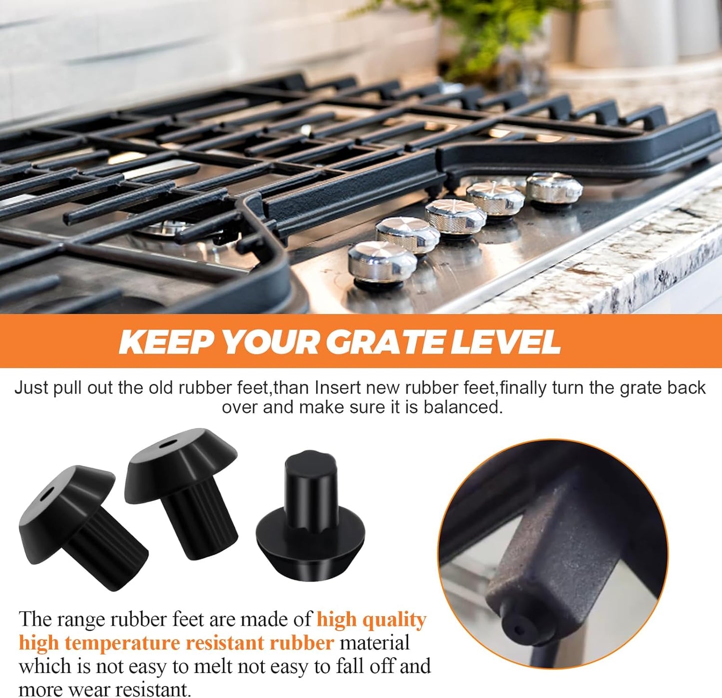 Beaquicy 24Pcs WB2K101 WB02T10461 Stove Grate Rubber Feet for GE Kenmore Range Burner Cooktop - Gas Stove Top Grate Feet Replacement - 3/16" Hole - Fits WB02K0101 AP2622260 PS241358