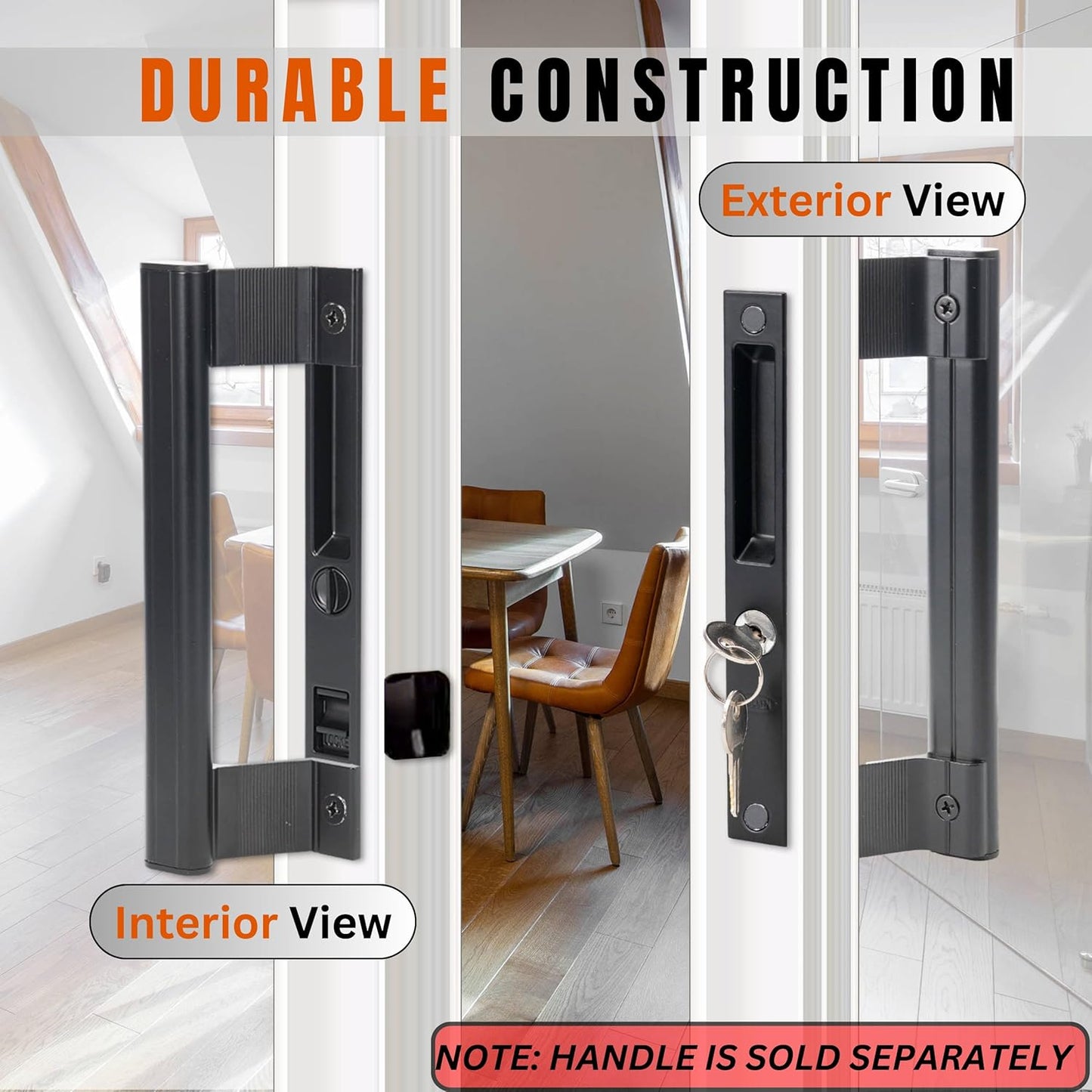 Black 6-5/8" T-HAKEN Sliding Glass Door Handle Set - Patio Door Replacement for Left and Right-Handed Doors (Keyed) - WildKart