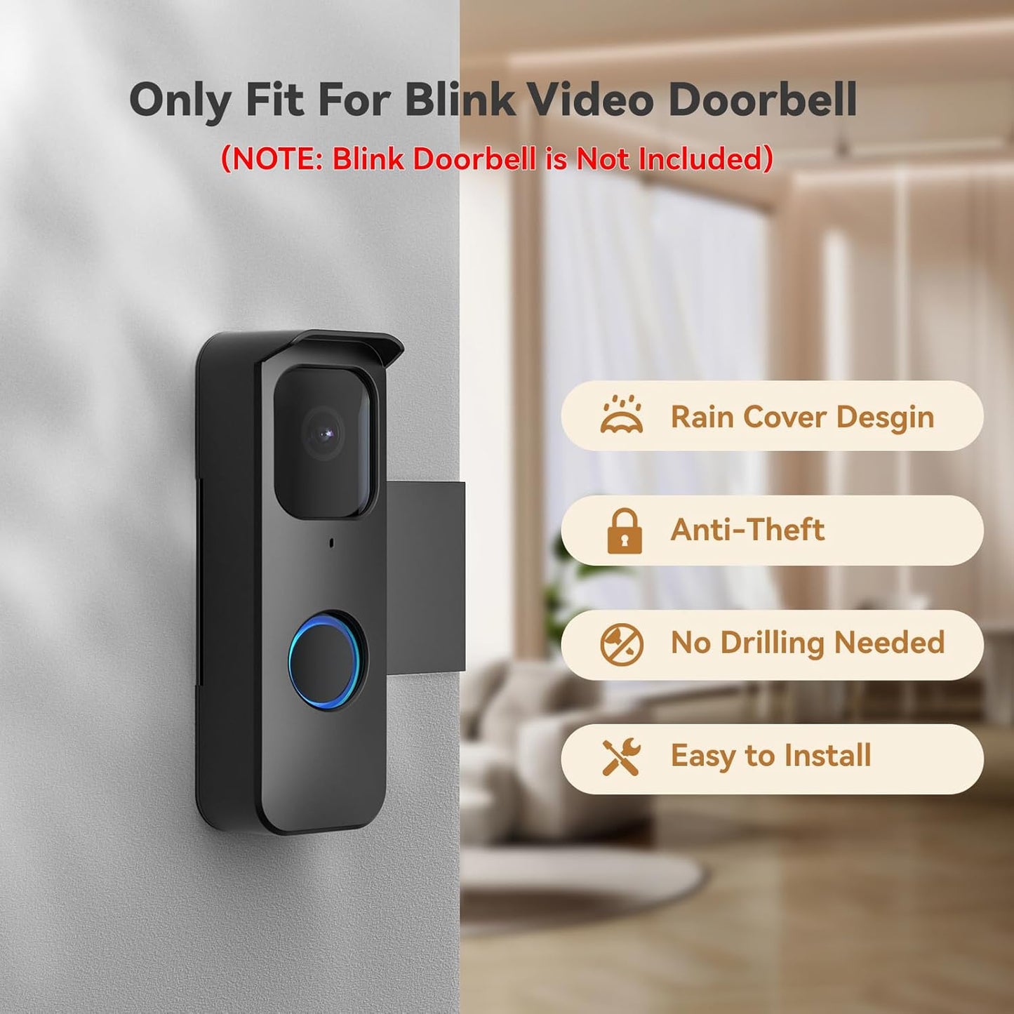 Black Anti-Theft Blink Doorbell Mount for Homes, Apartments, and Businesses - No Drill, Motion Sensor Friendly - Doorbell Camera Bracket
