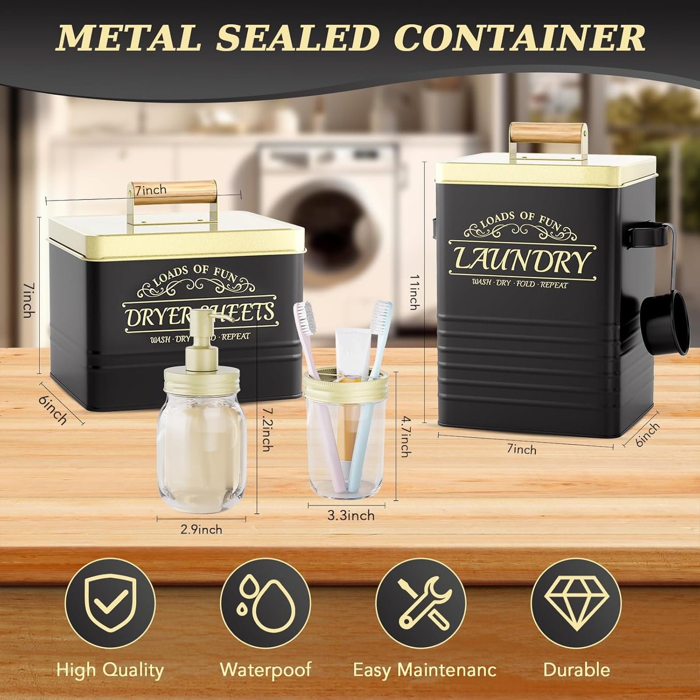 Black Farmhouse Laundry Room Organization Set: Metal Laundry Pods Container, Dryer Sheet Holder, Glass Soap Dispenser, Toothbrush Holder, Powder Container with Scoop