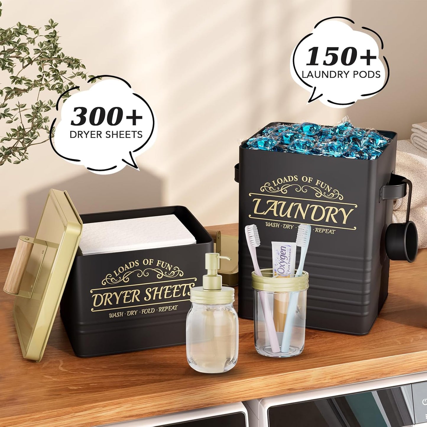 Black Farmhouse Laundry Room Organization Set: Metal Laundry Pods Container, Dryer Sheet Holder, Glass Soap Dispenser, Toothbrush Holder, Powder Container with Scoop