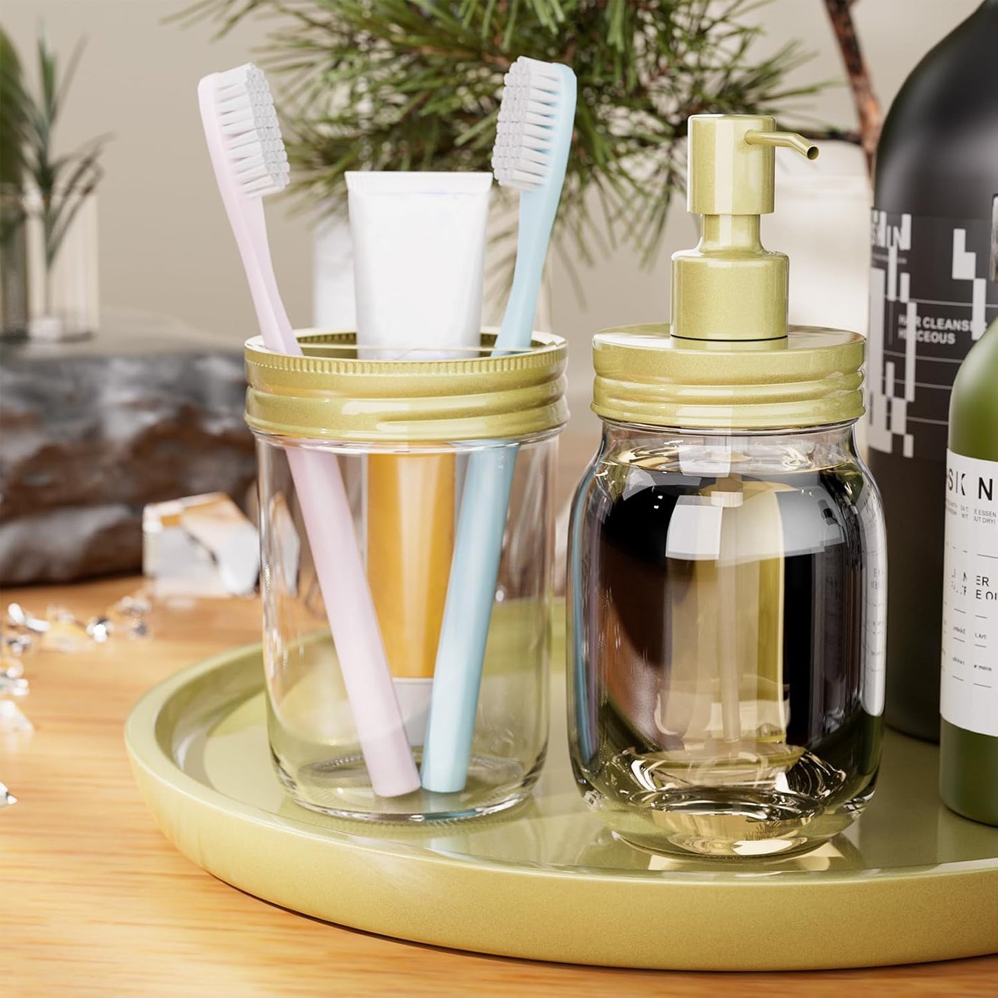 Black Farmhouse Laundry Room Organization Set: Metal Laundry Pods Container, Dryer Sheet Holder, Glass Soap Dispenser, Toothbrush Holder, Powder Container with Scoop