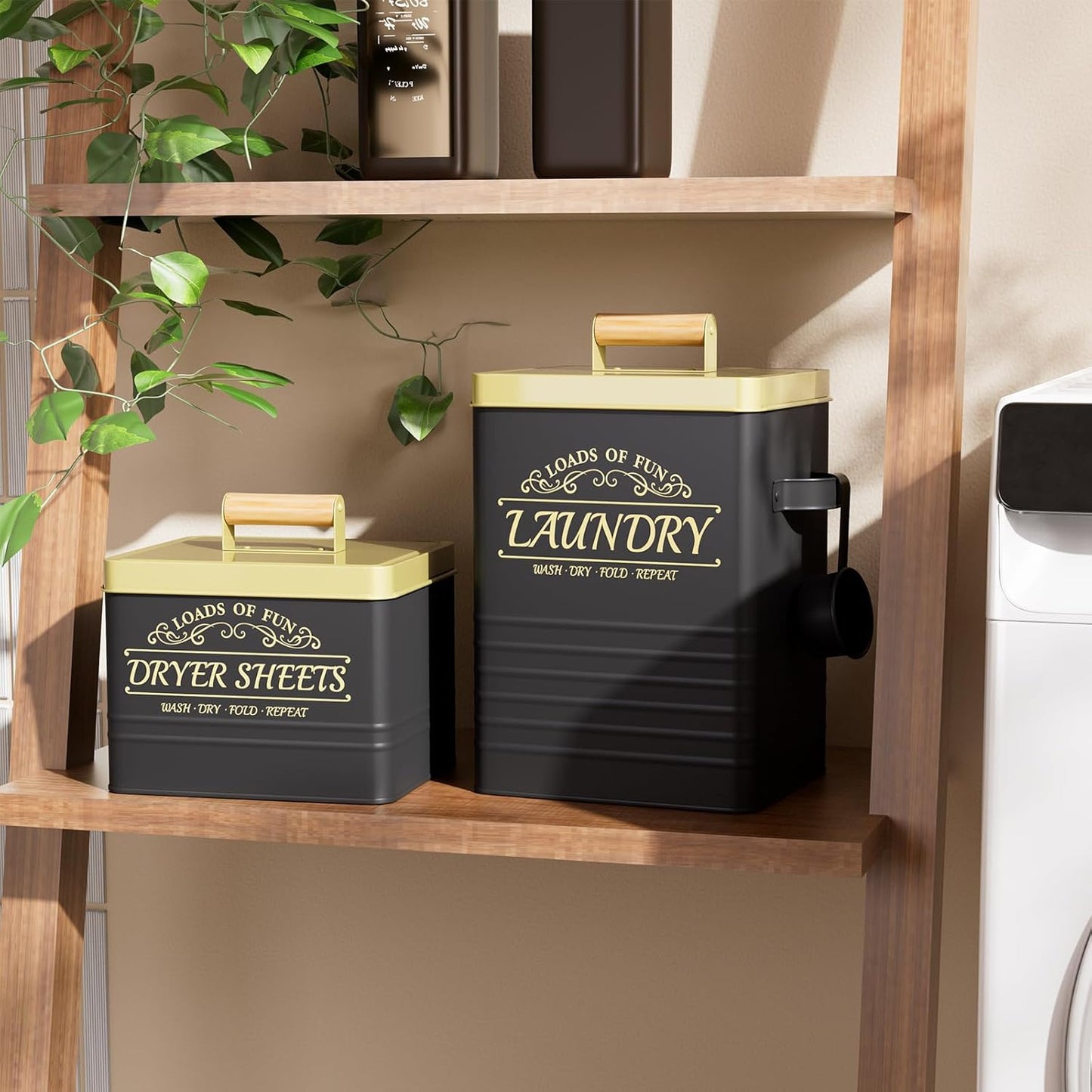 Black Farmhouse Laundry Room Organization Set: Metal Laundry Pods Container, Dryer Sheet Holder, Glass Soap Dispenser, Toothbrush Holder, Powder Container with Scoop