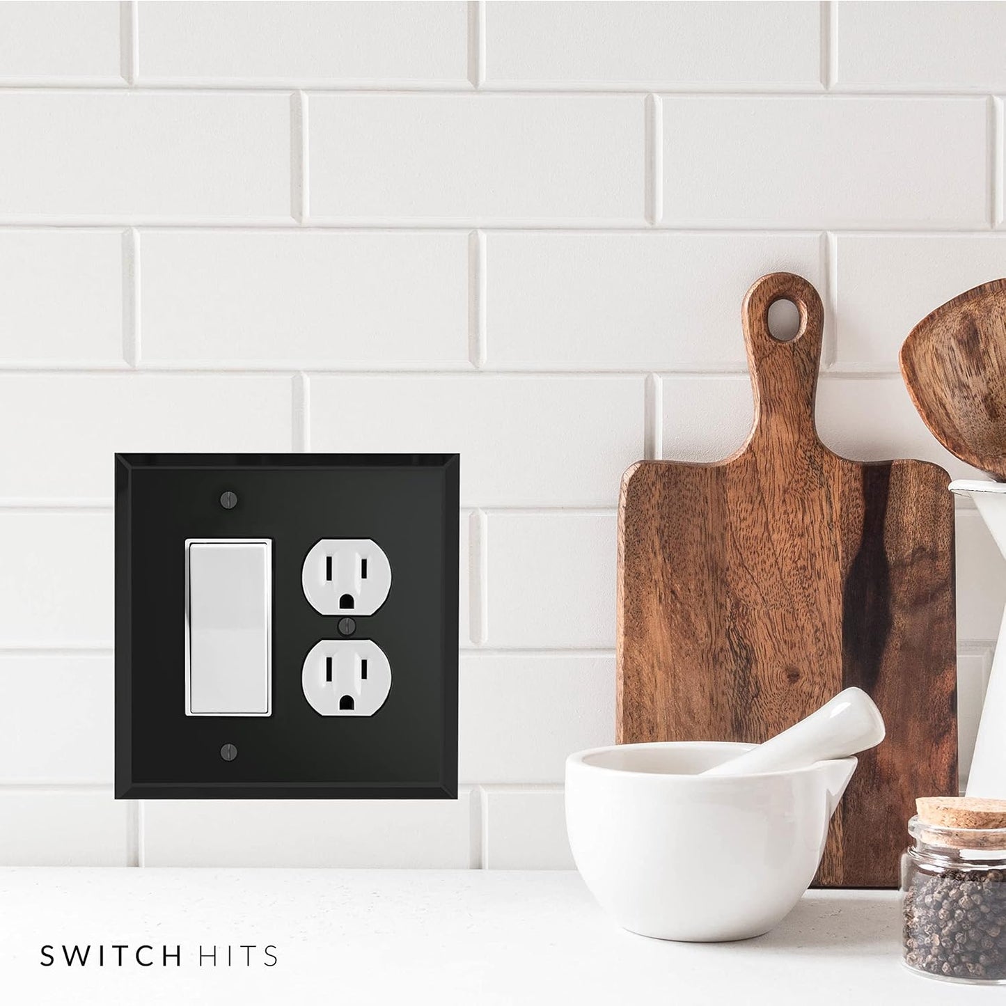 Black Glass Mirror Outlet Wall Plate | 1 GFI Rocker & 1 Duplex | 5.25" x 5.25" | High-Quality Glass Mirror Switch Plate Covers